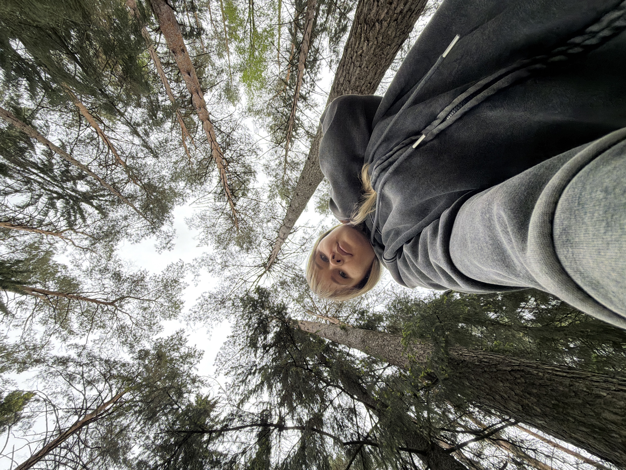 A low-angle selfie of a fair-skinned person with short blonde hair, wearing a gray hoodie, looking down at the camera. The background consists of tall trees with thin trunks and dense green foliage reaching up towards a light gray sky. The photo appears to have been taken outdoors, possibly in a forest or wooded area. The location is Chaikovsky, Russia.