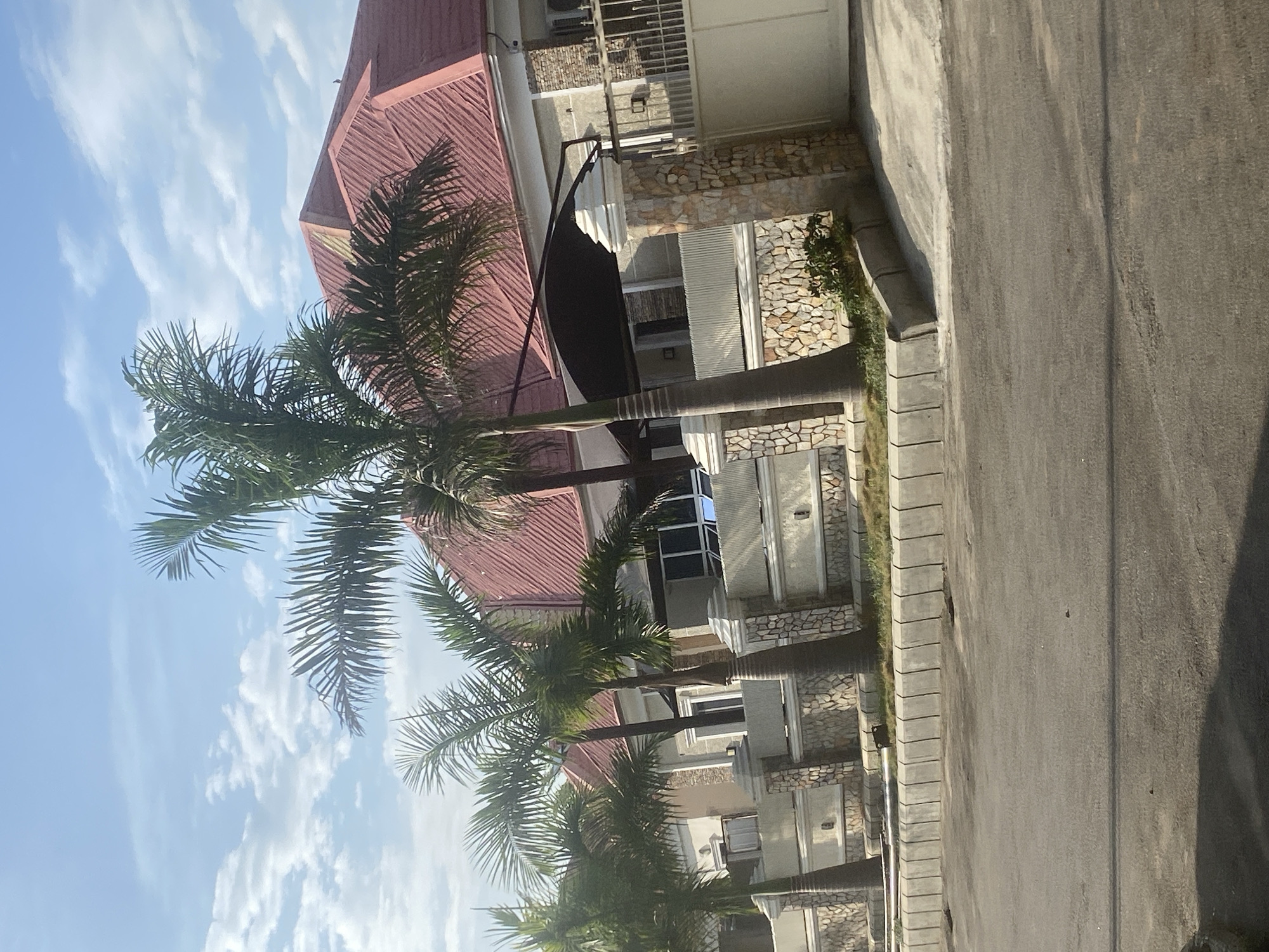 The image depicts a row of palm trees along a street in Gosa, Nigeria. The trees line a multi-story building with a red roof. The building's facade features a combination of stone and light-colored siding, with windows visible on multiple floors. The street is paved and appears to be a residential area. The sky is blue with scattered clouds. No people are visible in the image.