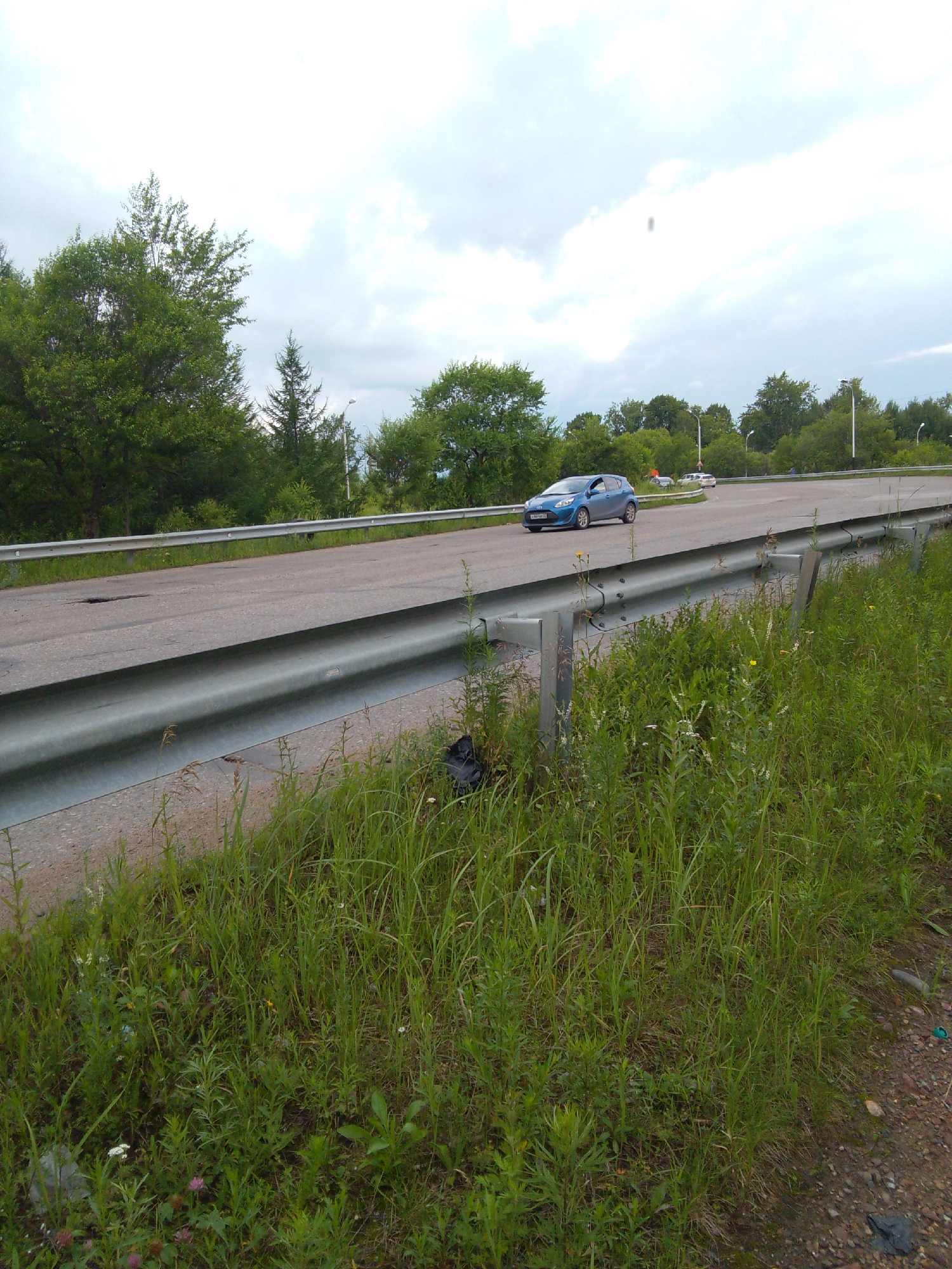 A blue hatchback is driving on a paved road, which curves to the right. A metal guardrail runs along the side of the road, separating it from a grassy embankment. Trees and foliage line the background. The sky is overcast.