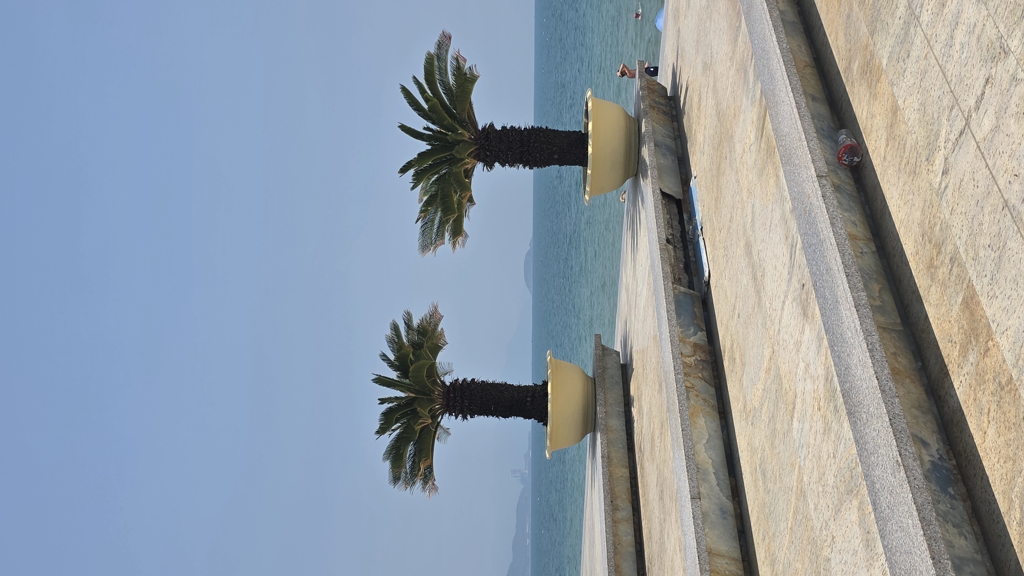 Two potted palm trees flank a walkway along Nha Trang beach in Vietnam. The trees are potted in pale yellow containers. The walkway is made of concrete and stone. The beach and ocean are visible in the background. The sky is light blue. A red-and-white patterned object is visible in the walkway. A person is sitting on the walkway edge, overlooking the beach and ocean. The photograph is taken from a slightly elevated perspective, with the horizon at eye level.