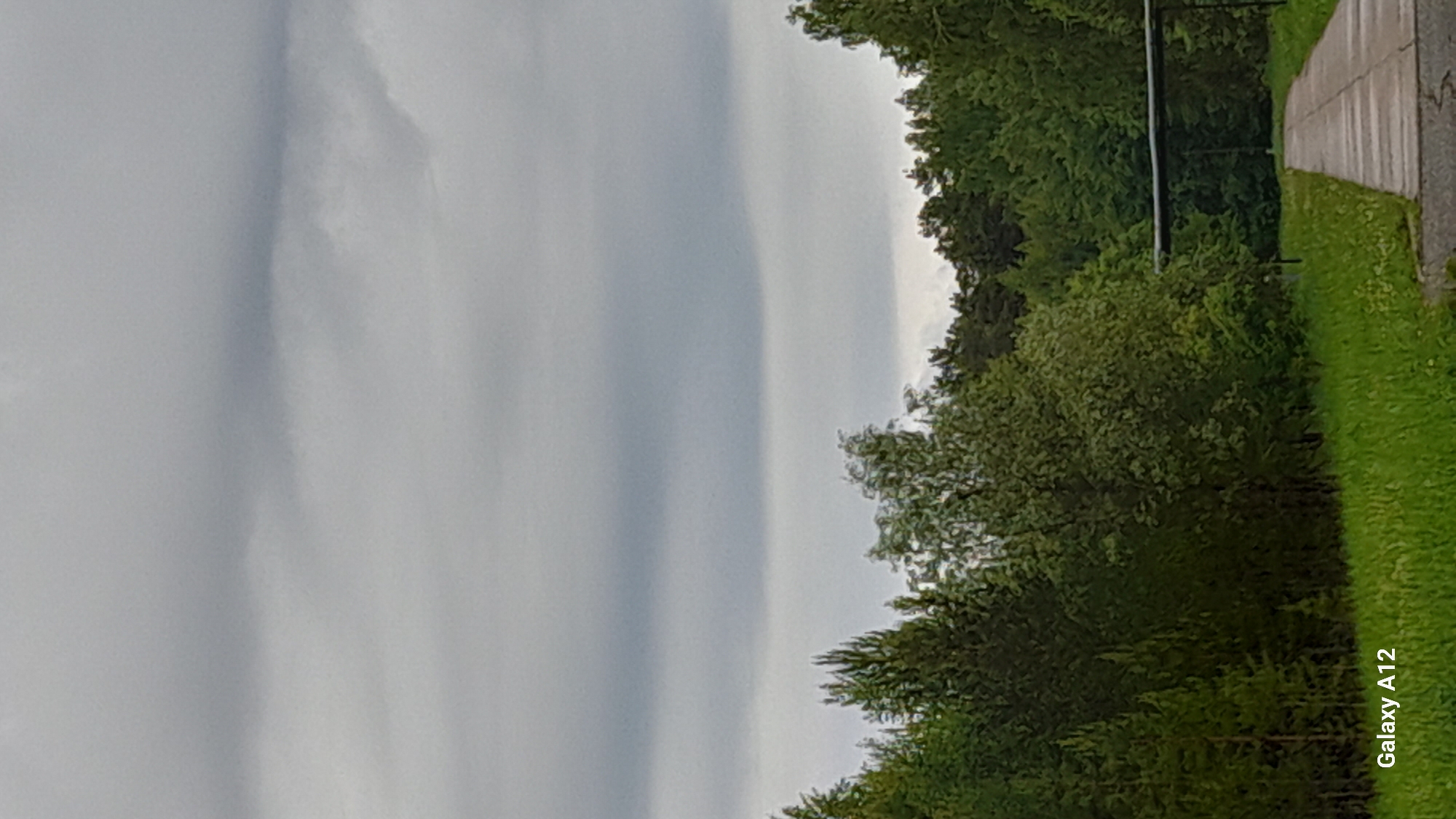 The image shows a landscape with a gray, overcast sky. To the right, a line of green trees and foliage separates the sky from a paved walkway with green grass on the edges. The photograph was likely taken in the city of Марковский, Russia. A "Galaxy A12" watermark is present in the lower right corner of the image.