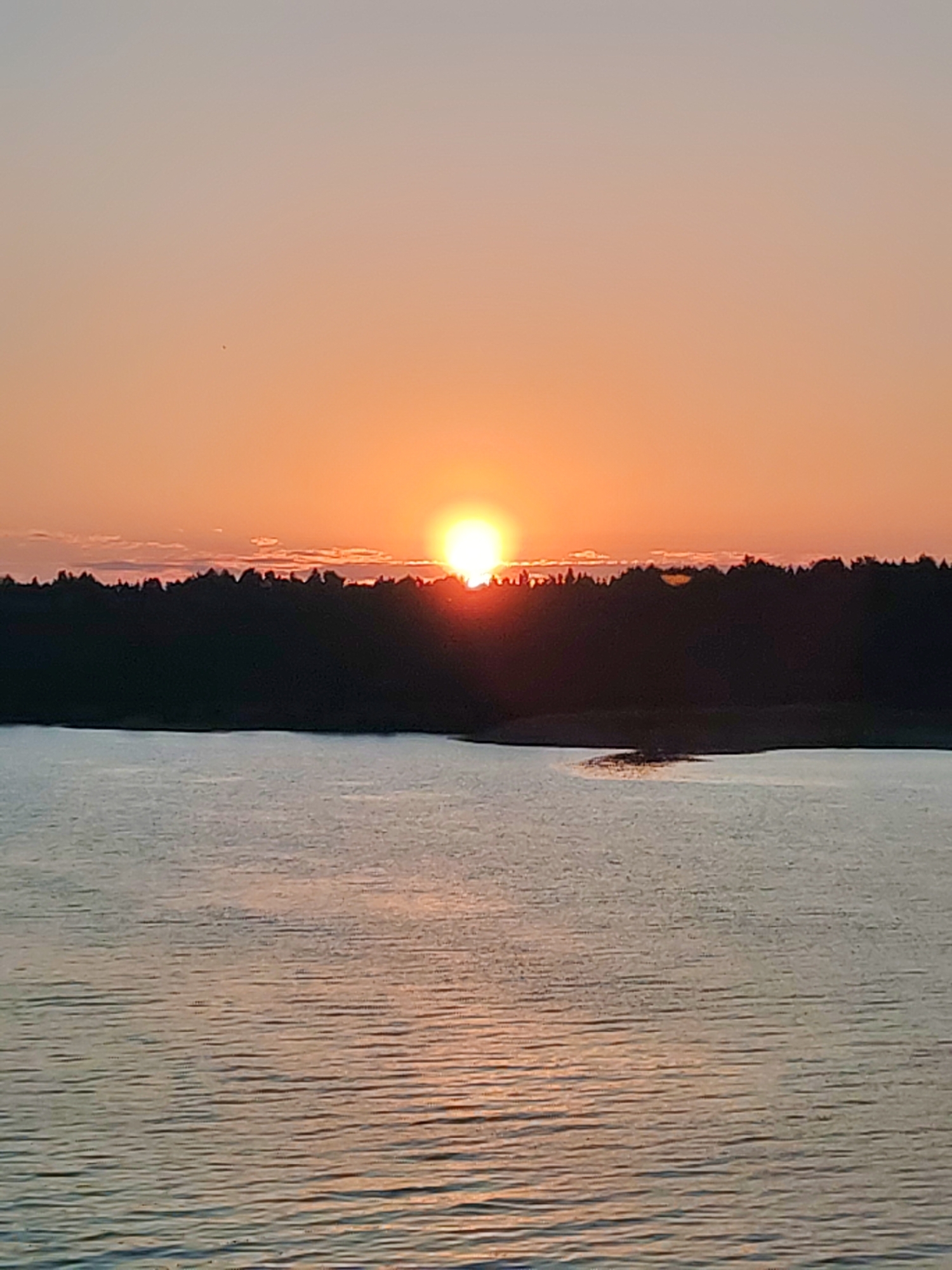 The image depicts a sunset over a body of water, likely a lake or bay. The sun is near the horizon, partially obscured by a line of trees in the middle ground. The sky is a gradient of orange and pink. The water reflects the colors of the sky. The location is undetermined, the city of Poteryaevo, Russia is not verifiable in the picture.