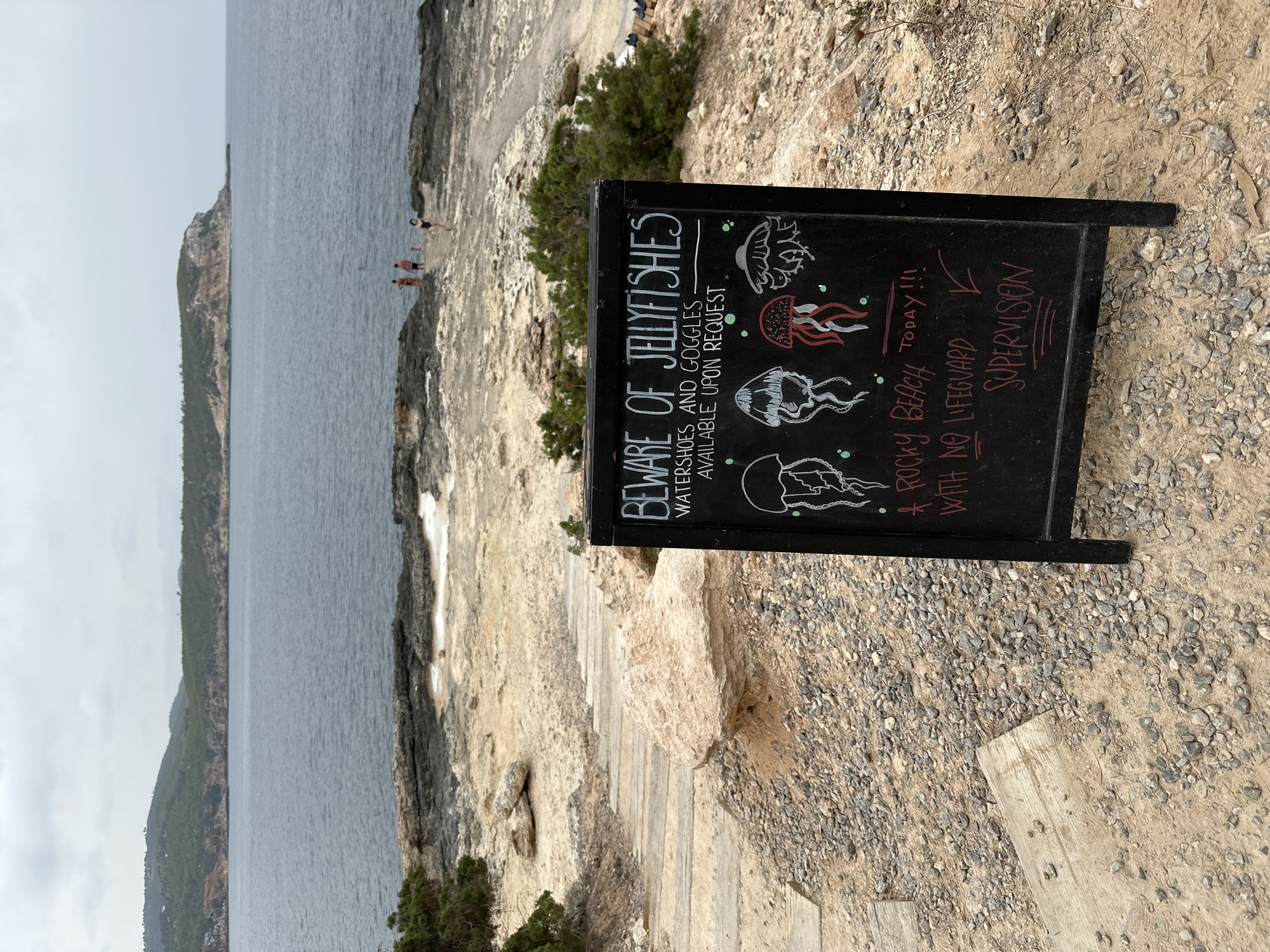 The image shows a view of a rocky coastline with the sea and a distant island under an overcast sky. In the foreground, a black chalkboard sign is propped up, displaying a warning about jellyfish. The sign is written in chalk and includes drawings of jellyfish, along with text that reads: "BEWARE OF JELLYFISHES. WATERSHOES AND GOGGLES AVAILABLE UPON REQUEST. A ROCKY BEACH TODAY!!! WITH NO LIFEGUARD SUPERVISION". The ground around the sign is covered in gravel and sand, with some wooden planks forming a path. Several people are visible in the distance near the water.