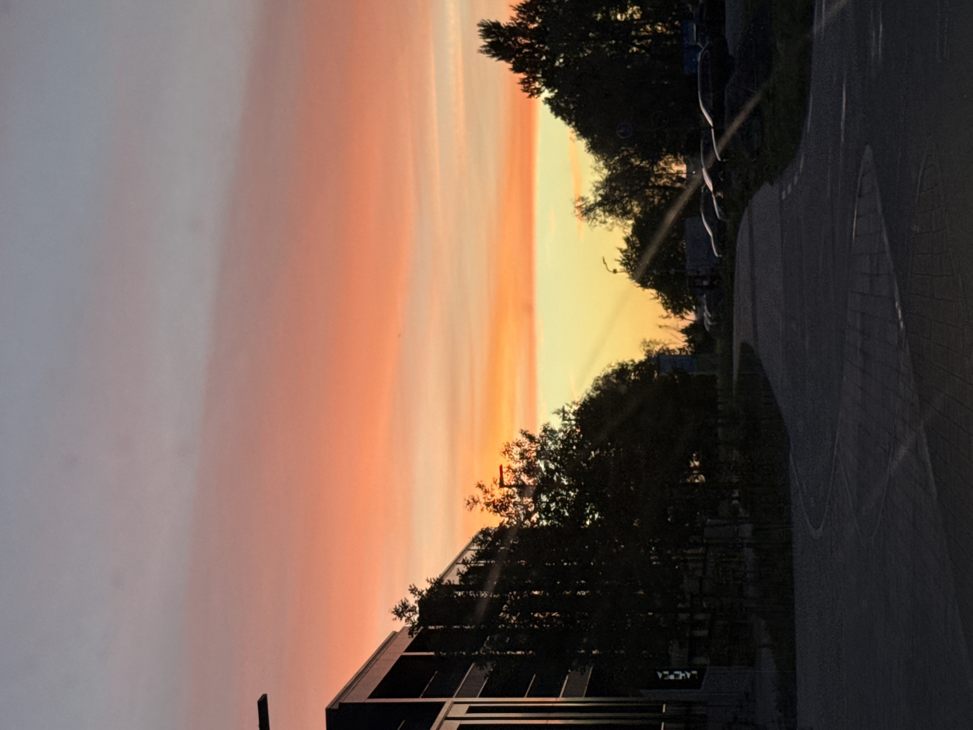 The image captures a sunset in Tallinn, Estonia, with a striking sky of vibrant orange and yellow hues transitioning to soft blues at the top. In the foreground, a modern building with dark facades and reflective windows stands on the left, partially silhouetted against the bright sky. Trees with dark foliage line the area between the building and a paved pathway. Beyond the pathway, a row of parked cars is visible, also in silhouette. The overall scene suggests an urban setting, likely an office park or commercial area, at dusk.
