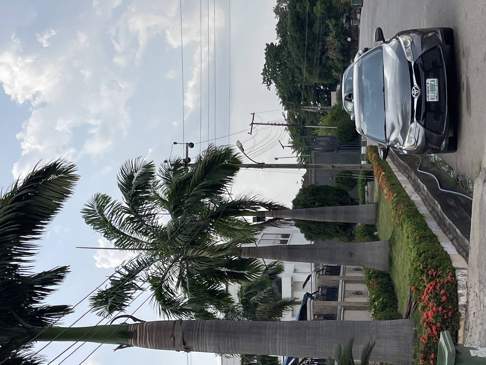 The image shows a street scene in Gwarinpa, Nigeria. The foreground is dominated by tall palm trees with visible trunks and fronds against a sky with scattered clouds. Power lines stretch across the upper part of the frame. A gray sedan is parked on the right side of the street with a visible license plate reading "KUJ 888GA". A curb with green foliage and some red flowers borders the road. In the background, a multi-story building is partially visible behind the palm trees. Street lamps are also visible.