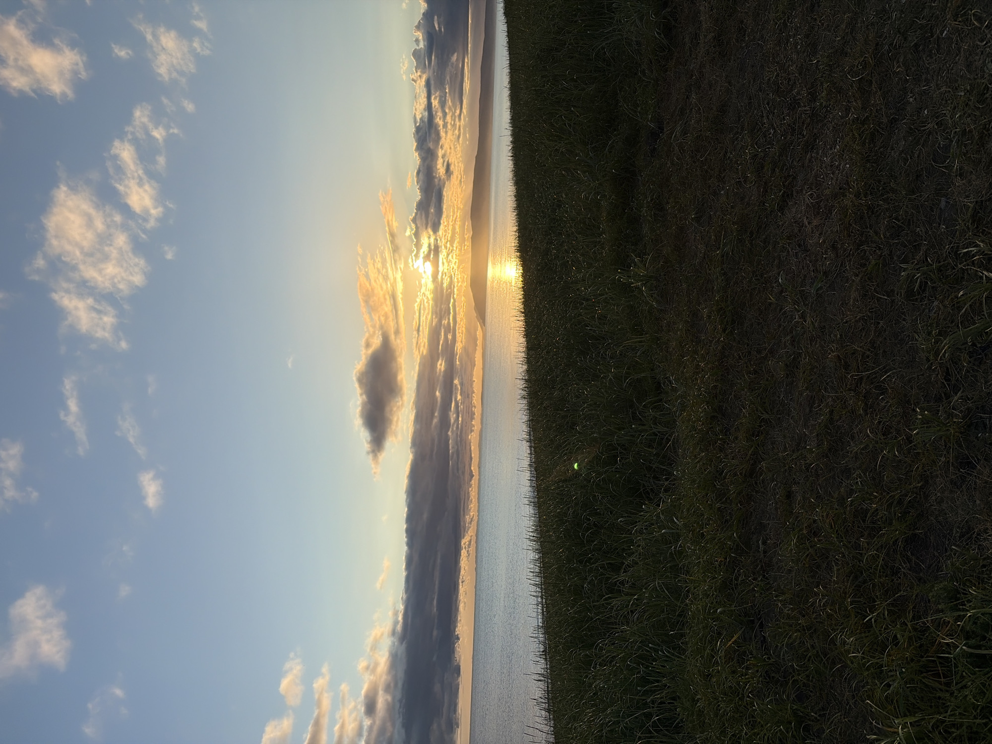 The image depicts a sunset over a body of water, with a grassy foreground and a distant landmass. The sun is low on the horizon, casting a warm glow on the clouds and water. The sky is a mix of blue and orange hues. The foreground is covered in tall, green grass, with some darker patches of earth visible. The body of water appears calm, with gentle waves. The distant landmass is a silhouetted mountain range. The image is a landscape photograph taken outdoors. There are no people, animals, or specific objects of interest in the scene, beyond the natural elements. The location is identified as Ozerskoe, Russia.