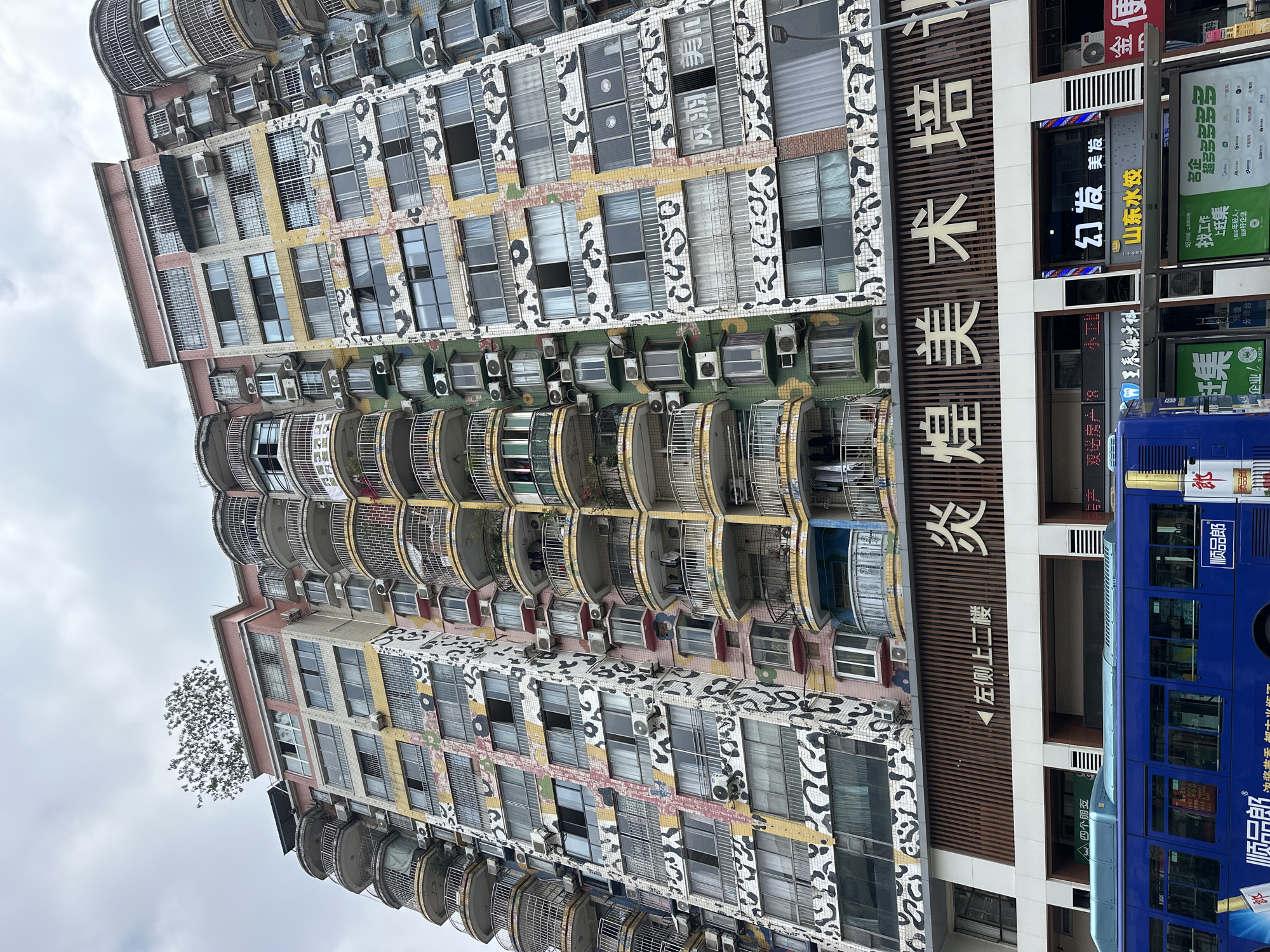 The image shows a tall, oddly decorated apartment building in the Jiulongpo District of China. The building has a mix of balconies, windows, and air conditioning units. The exterior has an unusual painted design, with some sections appearing to have a black and white pattern resembling animal spots. A tree grows nearby, obscuring part of the building. To the right of the apartment building is another building with Chinese characters, business signage, and a blue bus in the foreground. The sky is overcast.