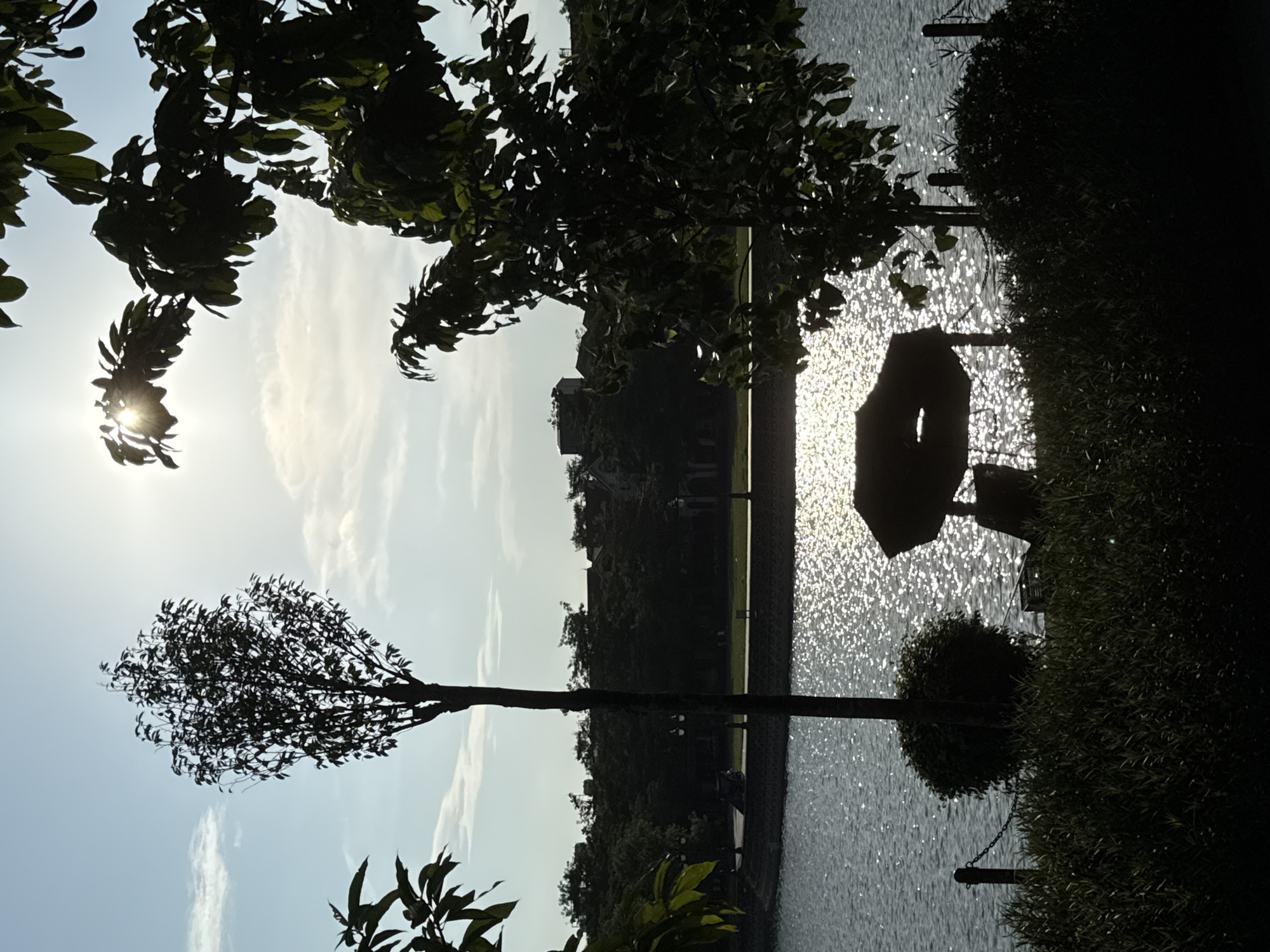 The image captures a serene lakeside scene, likely taken in the city of Hà Nội, Vietnam, due to its common landscape features. The photo appears to be taken near a body of water, possibly a lake or pond, with sunlight reflecting off the surface. The water creates a sparkling effect, due to the low sun angle.
Silhouetted trees and vegetation frame the shot. A distinct tree with a slender trunk and full foliage occupies the left side of the frame, standing out against the bright sky. Other trees and bushes appear darker, adding depth to the scene. The sun is visible through a cluster of tree leaves, causing a bright glare.
On the right, a silhouetted structure which appears to be a sheltered bench sits near the water's edge. Chains are connected to posts. The overall impression is one of tranquility and natural beauty.