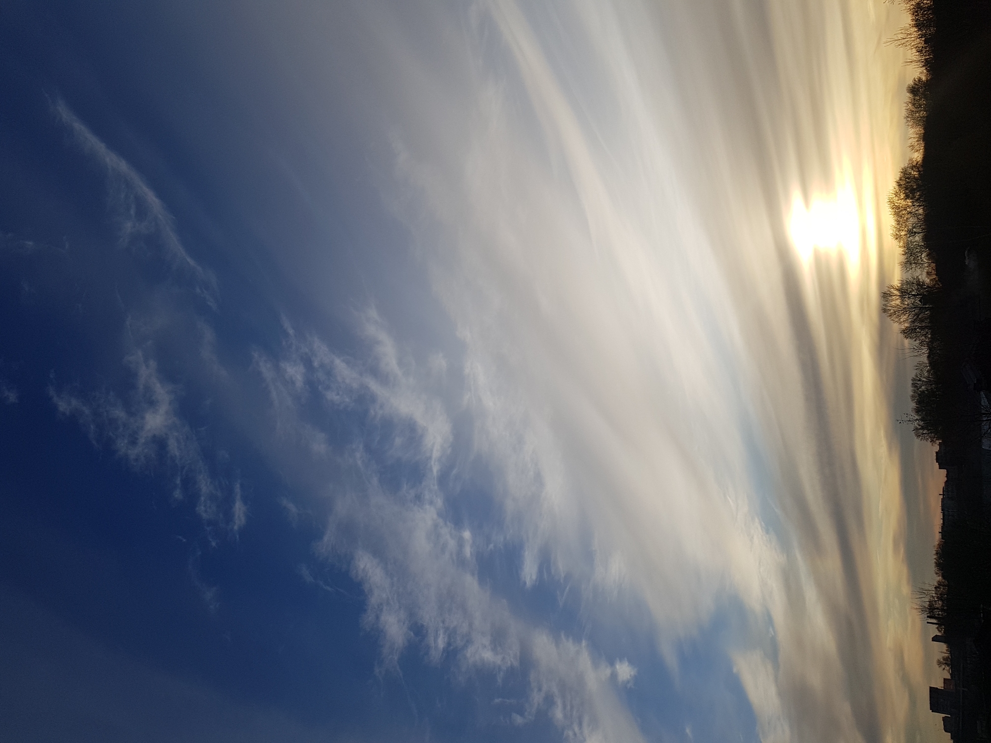 The image shows a daytime sky with clouds. The sky is blue on the left side of the image and fades to a light, bright white on the right. Thin, elongated clouds stretch across the sky in a mostly vertical direction. The sun is visible as a bright spot on the right side of the image, obscured slightly by the clouds. Dark silhouettes of buildings and trees are visible on the far right side of the image. Based on the architecture and the presence of trees, it is possible that this image was taken in the city of Saint Petersburg, Russia.