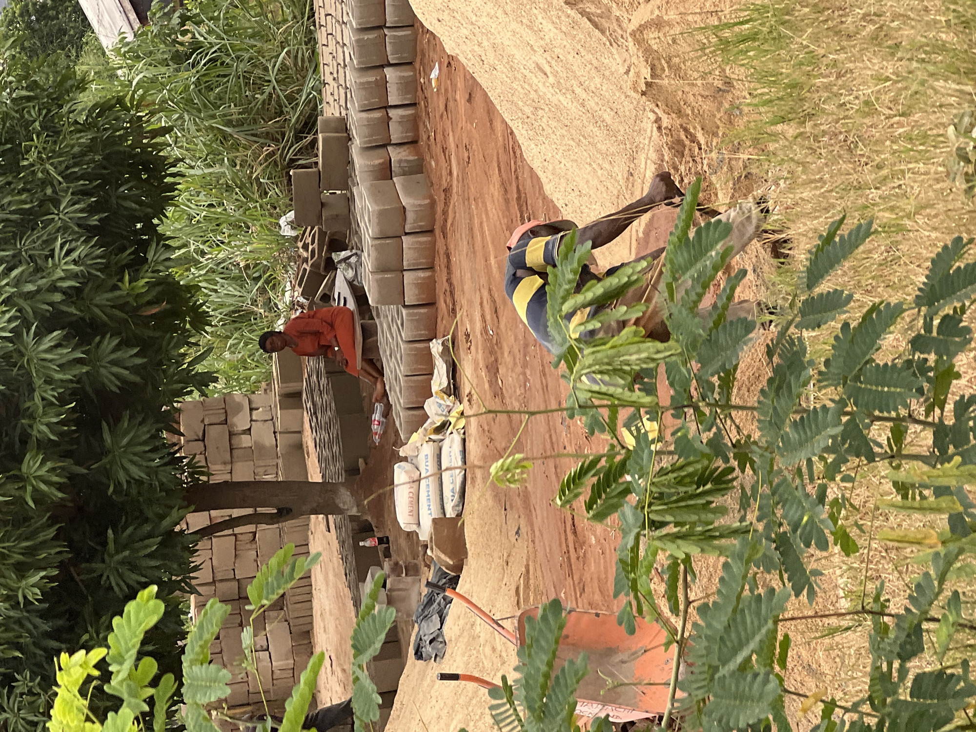 The image depicts an outdoor scene in Nkpor, Nigeria, likely during daylight hours given the bright lighting and shadows. The setting appears to be a construction site or a place where building materials are being prepared and stored.
The primary subjects are two individuals engaged in some form of manual labor. One person, dressed in an orange garment, is seen sitting near a stack of grey rectangular blocks. Another person, wearing a dark outfit with yellow stripes, is positioned further back, leaning over and appearing to work with a shovel or a similar tool. The ground is covered in reddish-brown soil and some dry grass, with several stacks of concrete blocks visible in the background. There are also several white sacks, one of which has visible text that reads "BUA CEMENT."
The activity taking place seems to be related to construction, possibly the laying of bricks or the preparation of cement for building. The presence of blocks, cement bags, and tools like the wheelbarrow suggests ongoing work. The environment is rural or semi-rural, with lush green foliage from trees and tall grass in the foreground and background, suggesting a warm climate. The overall impression is one of work and activity in a developing area. No specific emotions are discernible from the individuals' postures.