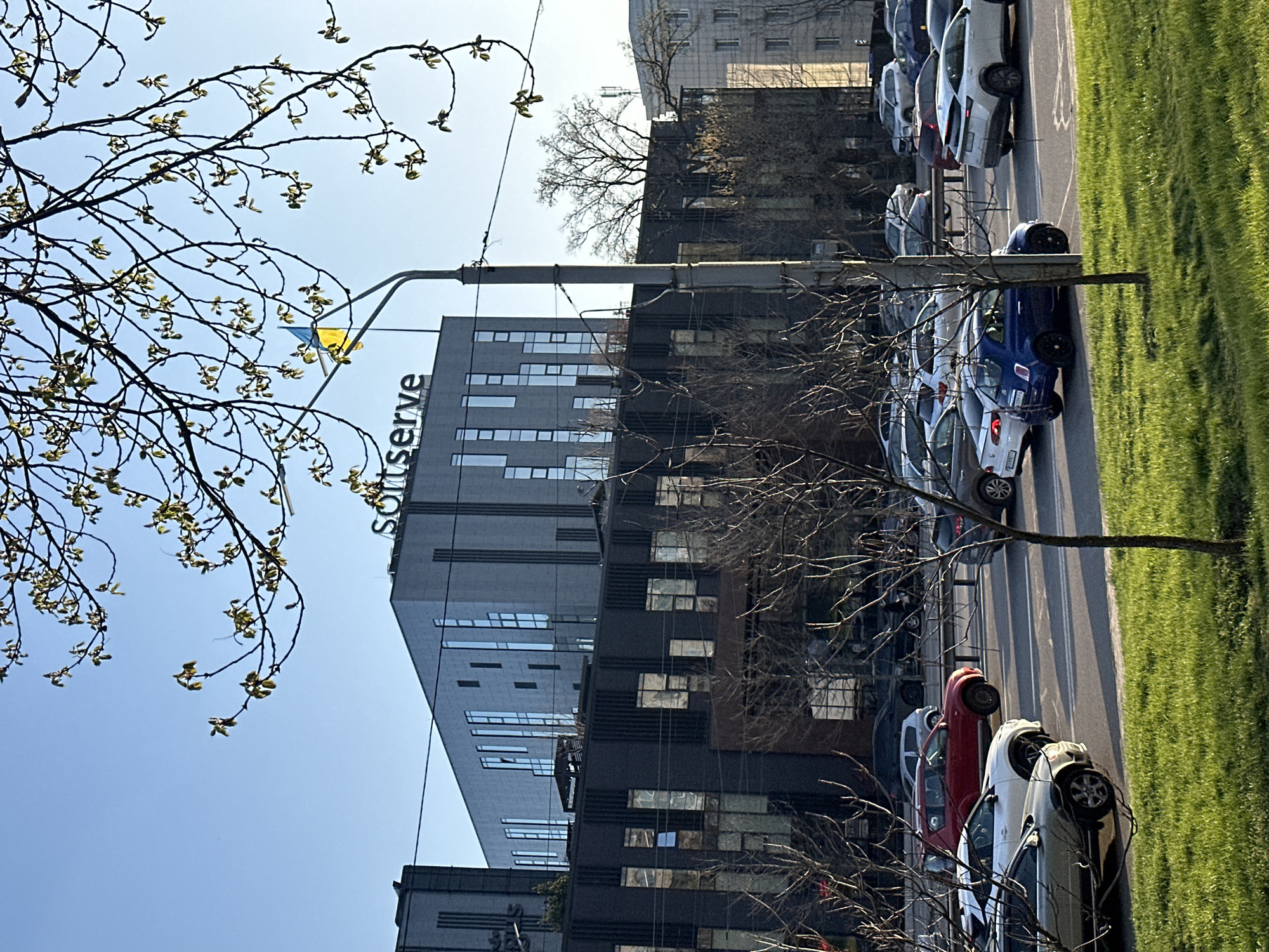 The image shows a street scene in Kyiv, Ukraine. The SoftServe office building is visible. A Ukrainian flag is attached to a lamppost in the foreground. A row of parked cars lines the street next to a patch of green grass. Trees with budding leaves frame the scene.