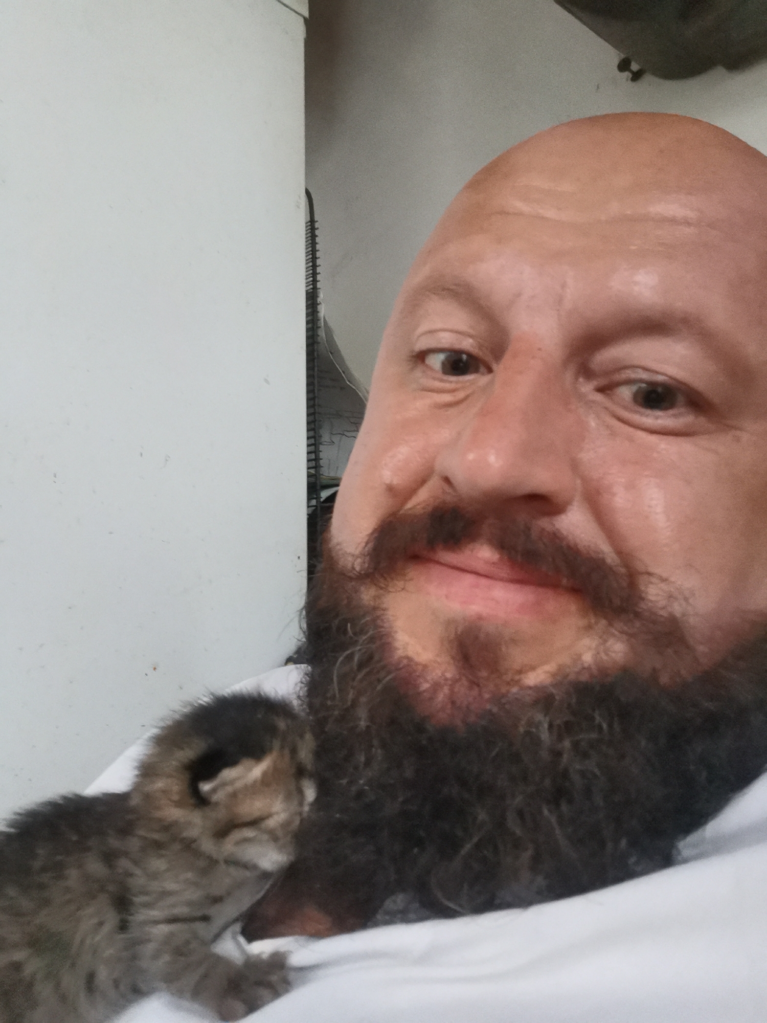 This is a close-up selfie of a bald man with a beard, holding a tiny kitten. The man's face is prominently featured, with his eyes looking towards the camera. He has a broad smile, suggesting happiness or affection. The kitten, small and fluffy, is nestled against his chest or shoulder, its eyes partially closed, possibly sleeping or just very young. The background is softly blurred, with a white wall on the left and a darker, indistinct area on the right. The lighting appears to be indoor and natural. The overall tone of the image is warm and endearing, highlighting the tender moment between the man and the kitten. There is no visible text or specific time of day or weather indicated. The location context of Semypolky, Ukraine, is provided, but there are no explicit visual cues in the image to confirm this.