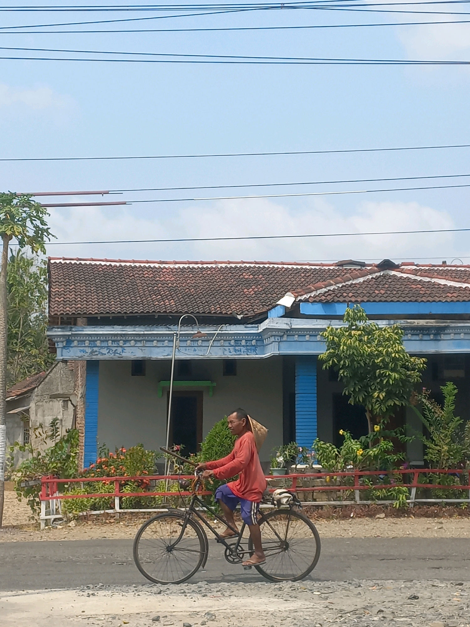 A man is riding a bicycle on a street in Baturetno, Indonesia. He is wearing a red shirt and blue shorts, and has a conical hat on his head. He is carrying a basket on his back. In the background, there is a house with a tiled roof and blue trim. There are also trees and plants around the house. The sky is blue with some clouds.