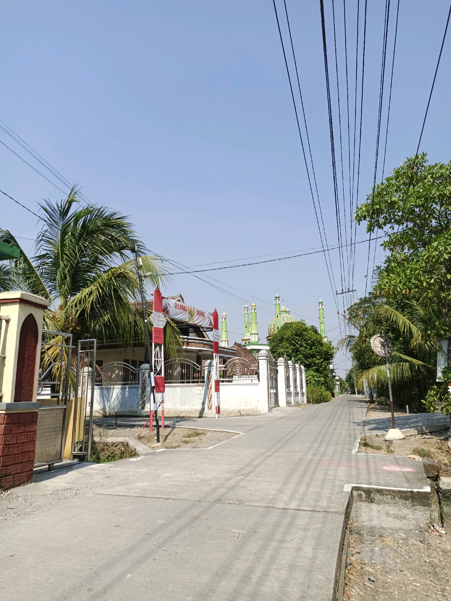 The image depicts a street scene in Cangkring, Rembang, Indonesia on a clear, sunny day. The street is paved with grey interlocking blocks, and a sidewalk runs along the right side, bordered by a small drainage ditch. Overhead power lines crisscross the sky, casting long shadows across the road.
On the left side of the street, a house with a white facade and decorative red and white banners is visible behind a metal fence. A brick pillar with a beige cap marks the entrance to the property, which also has a metal gate. A tall palm tree with lush green fronds stands prominently in front of the house. Further down the street, a mosque with distinctive green domes and minarets is visible.
On the right side of the street, there are several trees, including a leafy green tree and palm trees. A circular road sign is mounted on a pole, and a concrete slab juts out from the sidewalk.
The scene is devoid of people or any visible activity, presenting a quiet and peaceful street view. The architecture and vegetation suggest a tropical or subtropical environment.