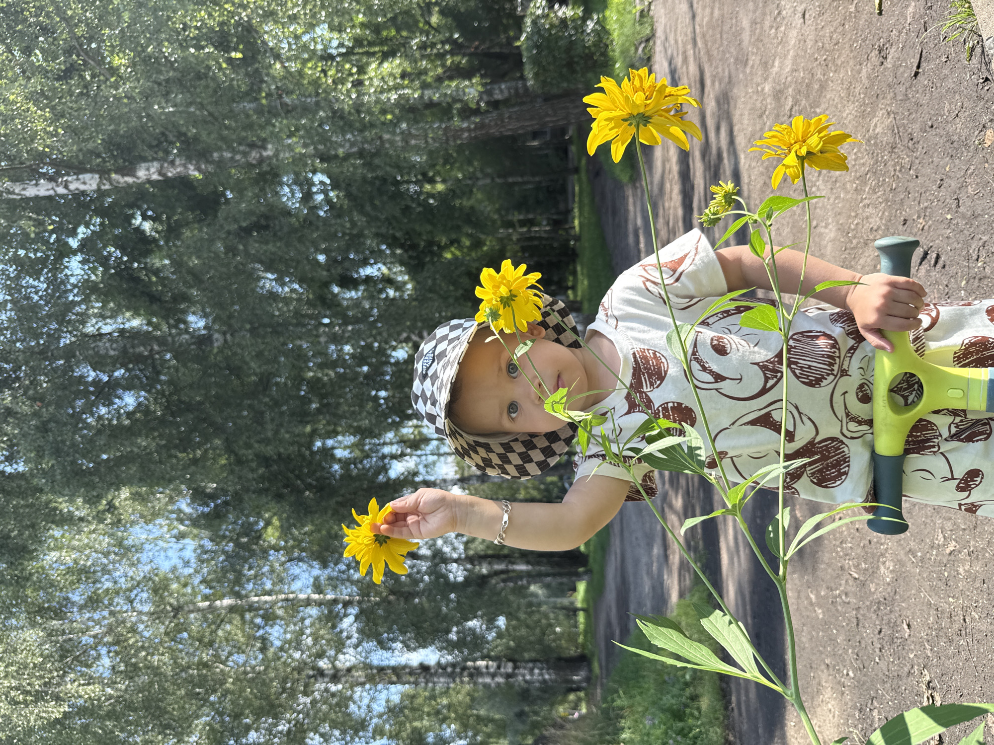 A young child wearing a checkered hat and a t-shirt with a cartoon pattern stands in a park in Rusanovo, Russia, holding a yellow flower. The child's face is visible, with blue eyes looking towards the camera. The child is also holding onto a green scooter handle. Behind the child, there are trees and a dirt path. The overall scene depicts a sunny day in an outdoor setting.