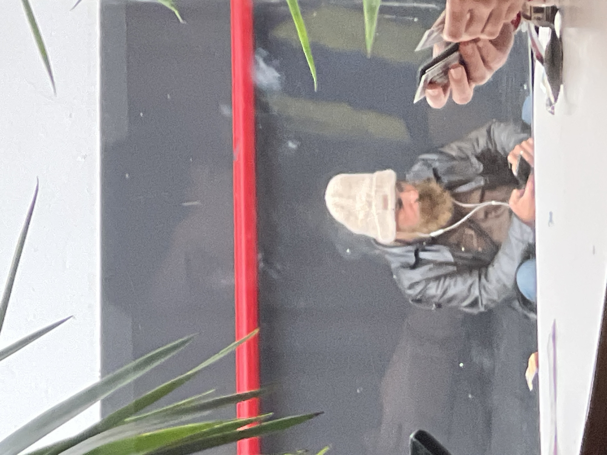The image shows a person with a beige knit cap and gray jacket reflected in a shiny surface. The person appears to be holding cards or a wallet. The background is a blurry mix of gray, red, and green, possibly indicating indoor surroundings with plants. The location is unknown.