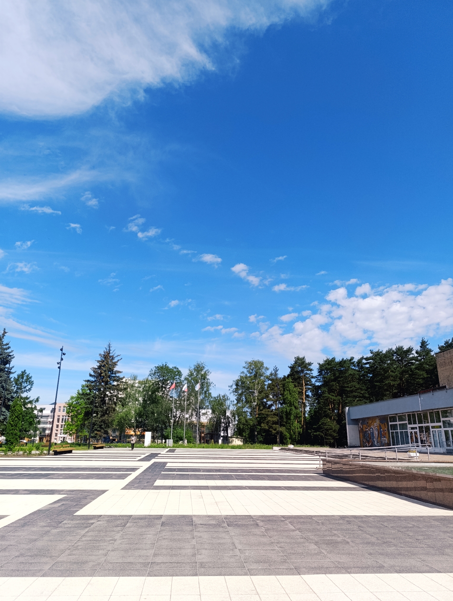 An outdoor, eye-level, full shot shows a large paved square with a geometric pattern of light and dark gray tiles under a bright blue sky with scattered white clouds. The square features a central intersection of wide light gray bands with dark gray tiles on either side, creating a chessboard-like effect. In the background, a line of green trees separates the square from buildings. To the left, there's a tall, slender black lamppost. Further left, a multi-story building with light-colored walls and windows is visible. In the middle ground, several flags on poles stand among the trees. To the right, a modern building with a gray facade, large windows, and a colorful mural is present. A few people are visible walking in the middle distance. The scene appears to be a public space in a city.