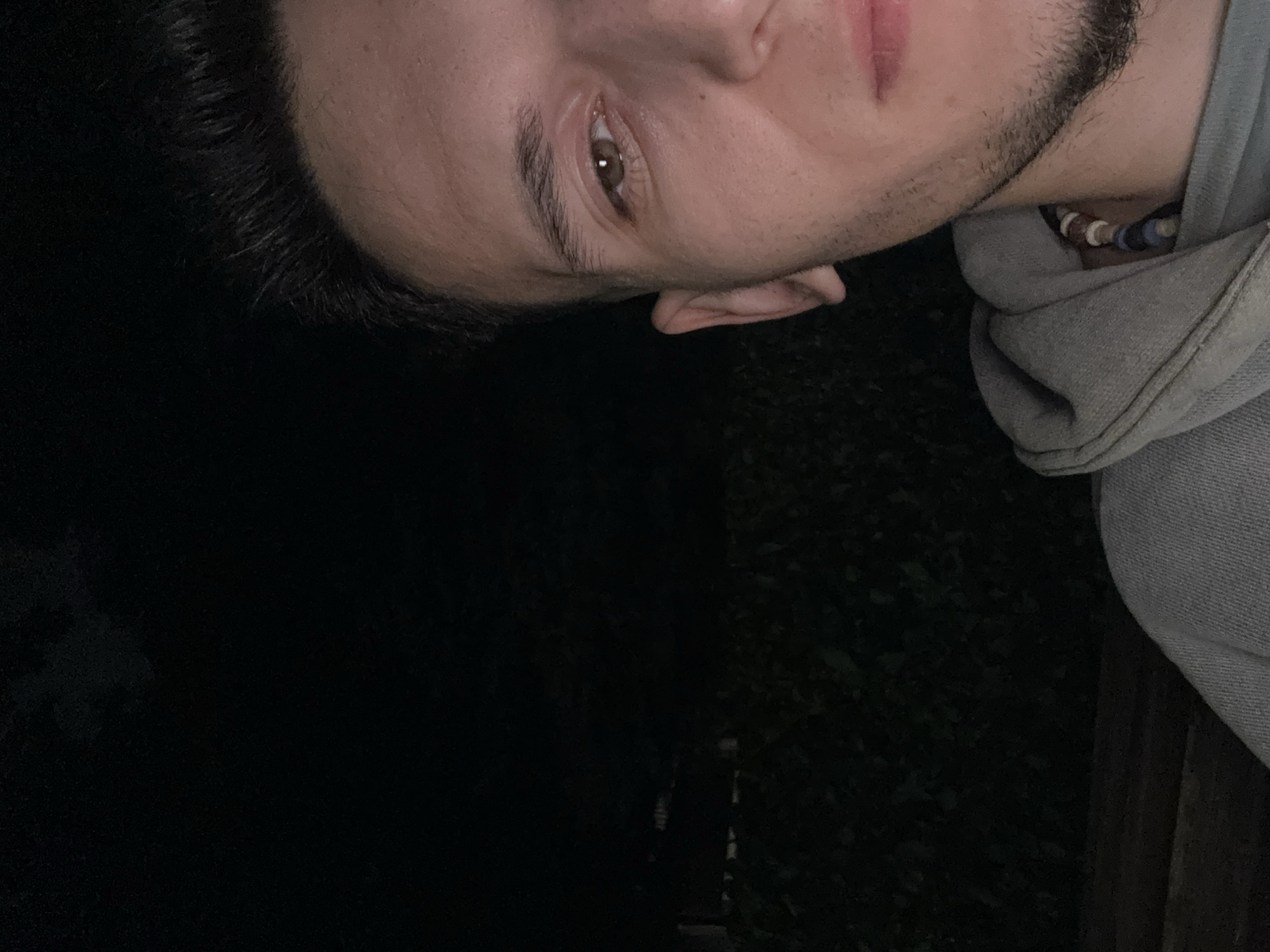 A vertically oriented photograph shows a person's face in the upper right quadrant. The person has dark hair, light skin, and stubble. They are wearing a grey hooded sweatshirt and a necklace with light-colored beads. The background is dark, with some possible vegetation visible in the lower right quadrant. The specific location in Sofia, Bulgaria is not discernible from the image.