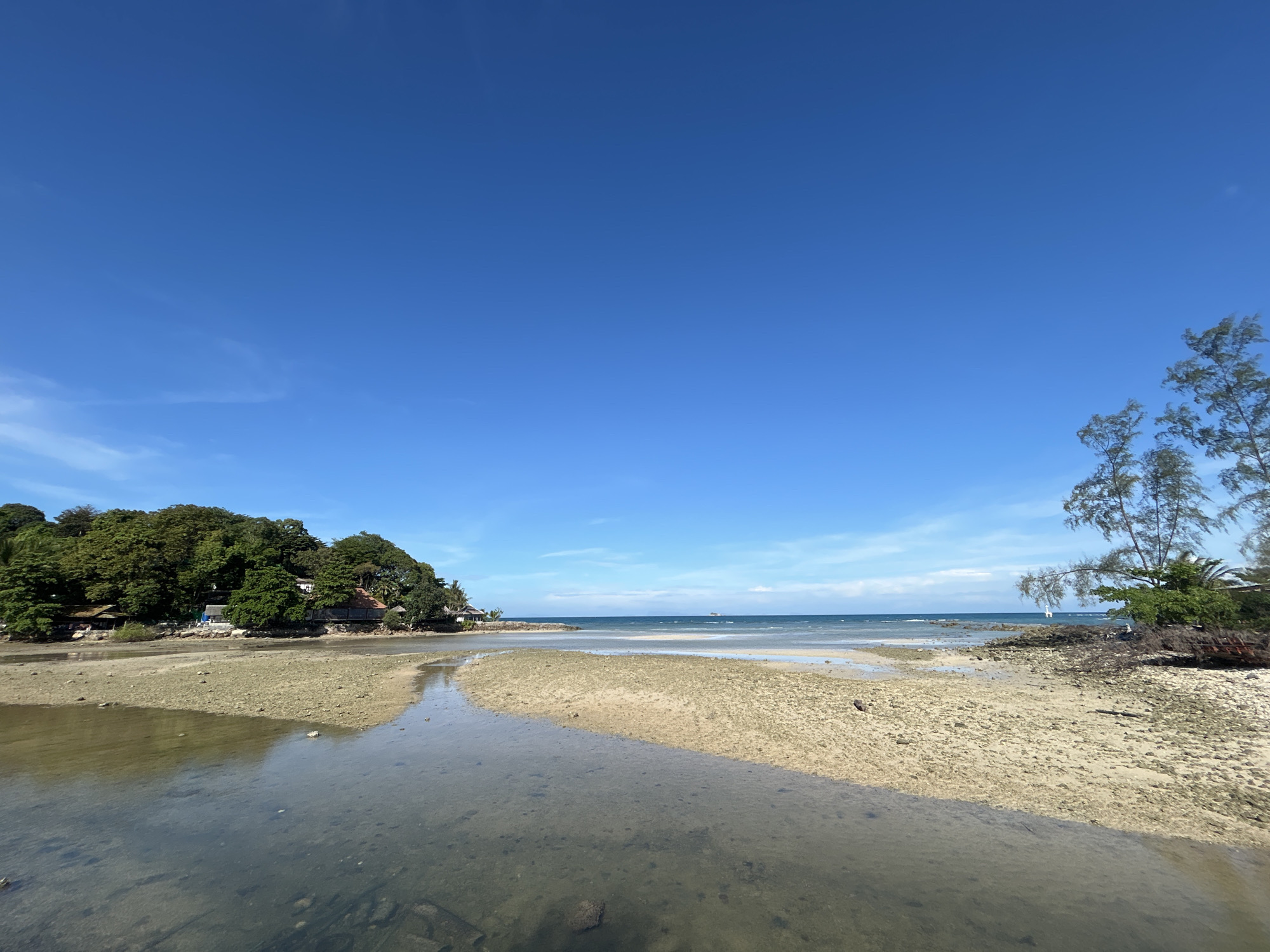 The image depicts a coastal scene in ตำบลเกาะพะงัน, Thailand. The foreground features a shallow body of water leading towards a sandy beach area. The beach is a mix of sand and what appears to be exposed coral or rock formations. Beyond the beach, the ocean extends to the horizon under a clear blue sky. On the left side of the image, there is a small landmass covered with dense green vegetation, including trees and shrubs, with structures visible within the foliage. On the right, the beach is bordered by trees. The overall impression is that of a low-tide or shallow-water environment on a sunny day.