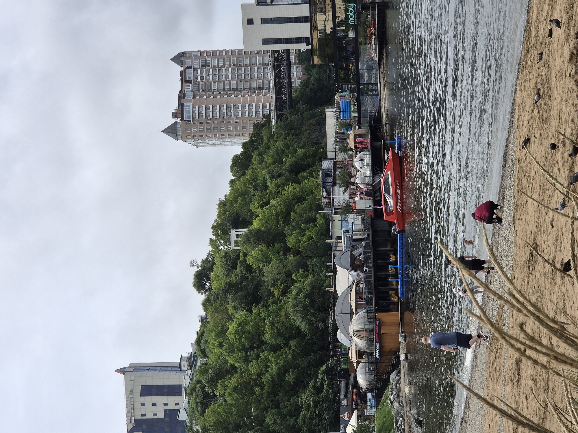 The image depicts a waterfront scene in Vladivostok, Russia, on a cloudy day. In the foreground, a sandy and pebbly beach is visible, with several pigeons on the ground. Three adults and two children are present on the beach, with one adult walking towards the water and another crouching. A red speed boat with the word "ATHLETE" on its side is docked in the water, with a blue floating platform nearby. Behind the water, a series of modern buildings and structures are built into a steep, tree-covered hillside. These include what appear to be dome-shaped recreational spaces and a multi-story building with reflective glass windows bearing the "moby swimming pool" logo. Further up the hill, a tall, light-colored apartment building with a distinctive architectural style featuring corner turrets stands against the overcast sky, and another modern, taller building with a red apex is visible on the left. A large, dense forest covers the majority of the hillside. A metal bridge structure is visible spanning across the hillside in the middle distance. The scene suggests a recreational area with a mix of natural landscape and urban development.