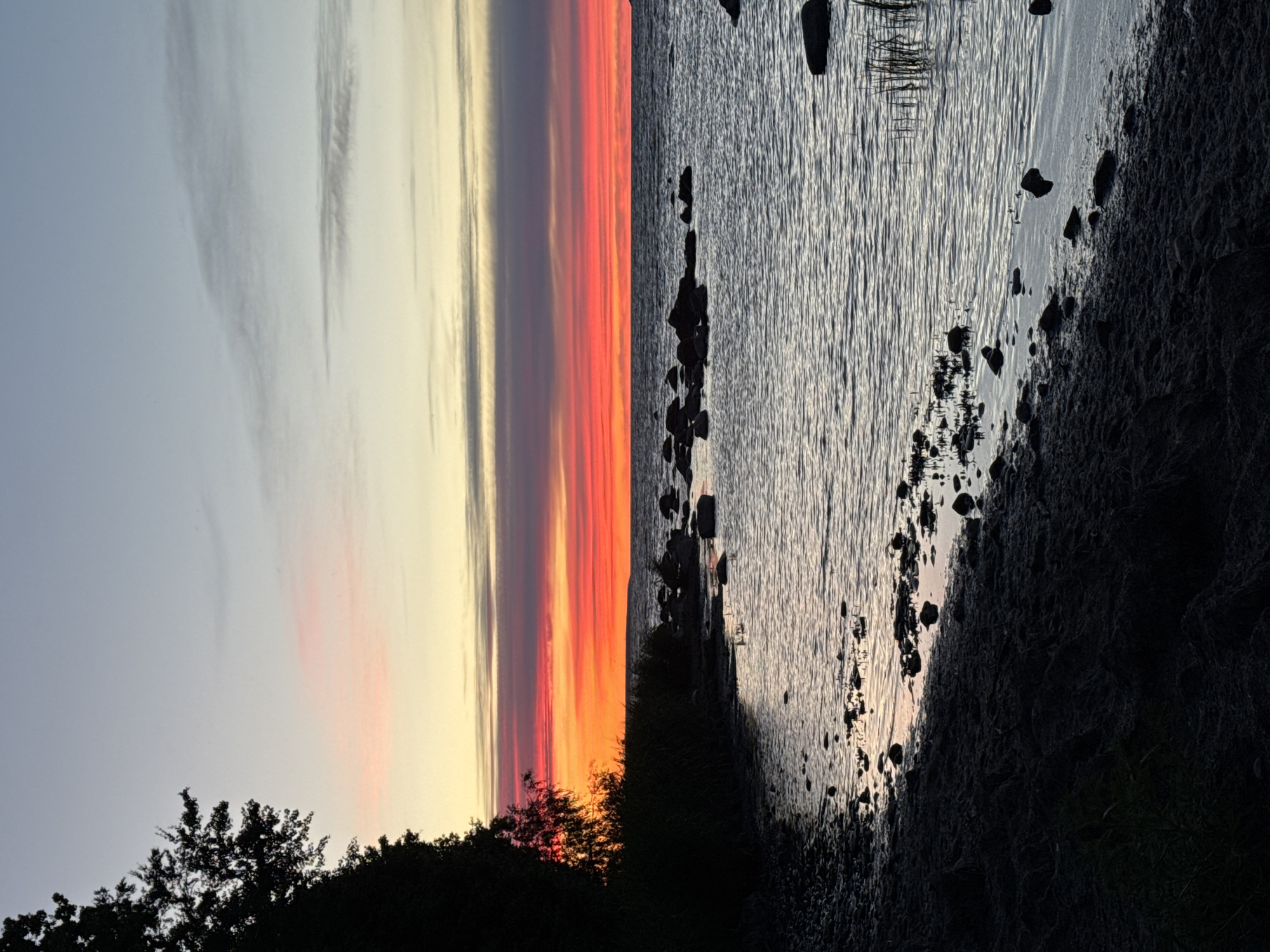 This is a photograph of a coastal landscape at dusk, featuring a sunset over the sea. On the left side of the frame, a dark silhouette of trees and vegetation lines the shore. The foreground is a dark, pebbled beach with sand. The sea extends across the right side of the image, with small waves reflecting the sky's colors. Numerous dark rocks are scattered along the shoreline and in the shallow water. The sky displays a gradient of colors, transitioning from a pale blue at the top to bands of pink, orange, and red hues near the horizon, indicative of a sunset. The scene appears to be a natural coastal area, possibly a beach or shoreline park. While the image is stated to be in Tallinn, Estonia, the specific location within the city is not discernible from the visual information alone. There are no people or human activities depicted.