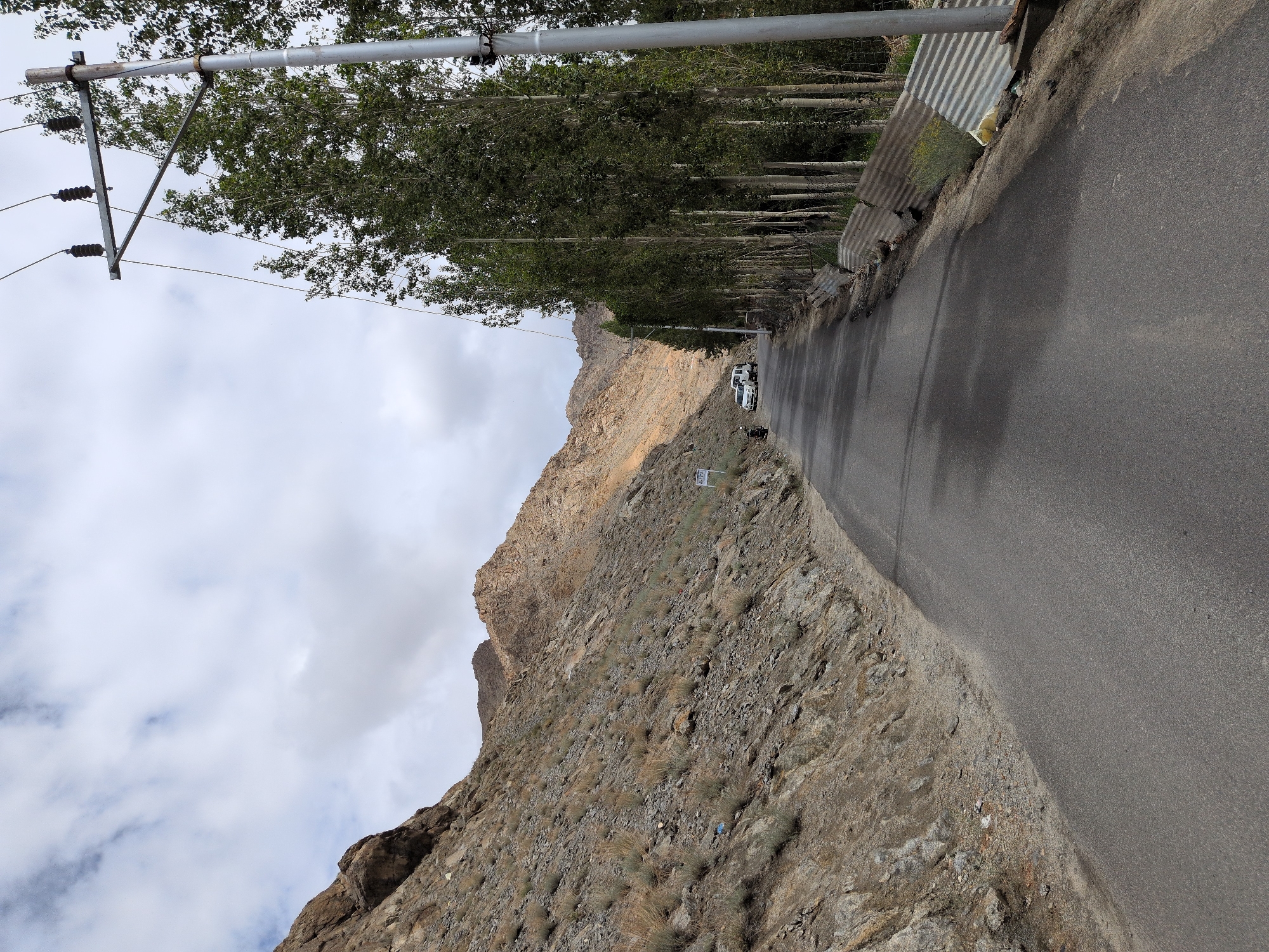 A paved road winds through a barren, mountainous landscape. To the left, a steep, rocky slope is covered in sparse dry vegetation. To the right, a line of tall, slender trees with green foliage borders the road. The sky is cloudy with patches of blue. In the distance, two white vehicles are parked on the side of the road. A motorcycle is parked further ahead on the left. Utility poles with electrical wires are visible along the right side of the road. Corrugated metal sheeting is placed along the edge of the road to the right, partially covered by vegetation. The scene appears to be on the outskirts of Leh, India, given the dry, mountainous terrain and the presence of the utility poles.
