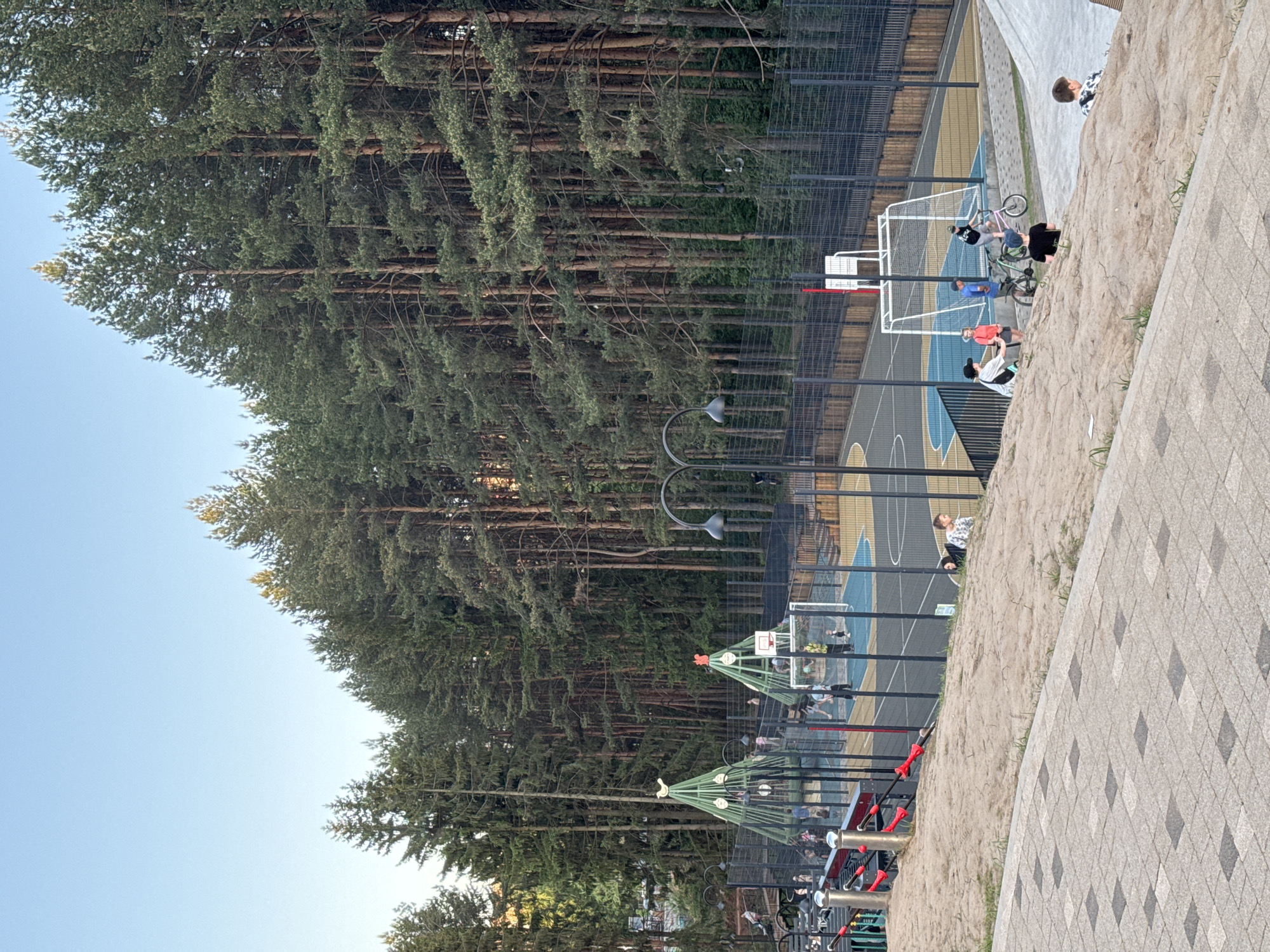The image depicts a sports ground adjacent to a forest in Izhevsk, Russia. The sports area has a basketball hoop, a soccer goal, and a playground with climbing equipment. Several children are present; some appear to be playing on the court, while others are near the climbing equipment. A low fence separates the sports ground from the wooded area. A paved walkway is adjacent to the sports ground on the opposite side of the forest. The sky is visible in the upper left corner.