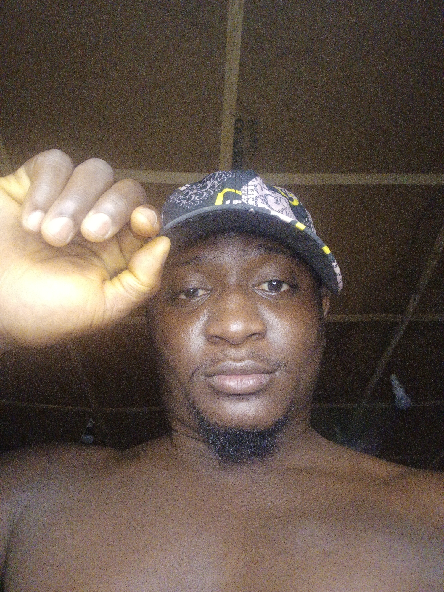 A man is captured in a close-up, waist-up selfie. He is wearing a patterned baseball cap and has a goatee. His right hand is raised, with fingers curled and thumb extended, obscuring a portion of his face. The background suggests an indoor setting with wooden paneling on the ceiling and what appears to be lighting fixtures visible. The image is dimly lit.