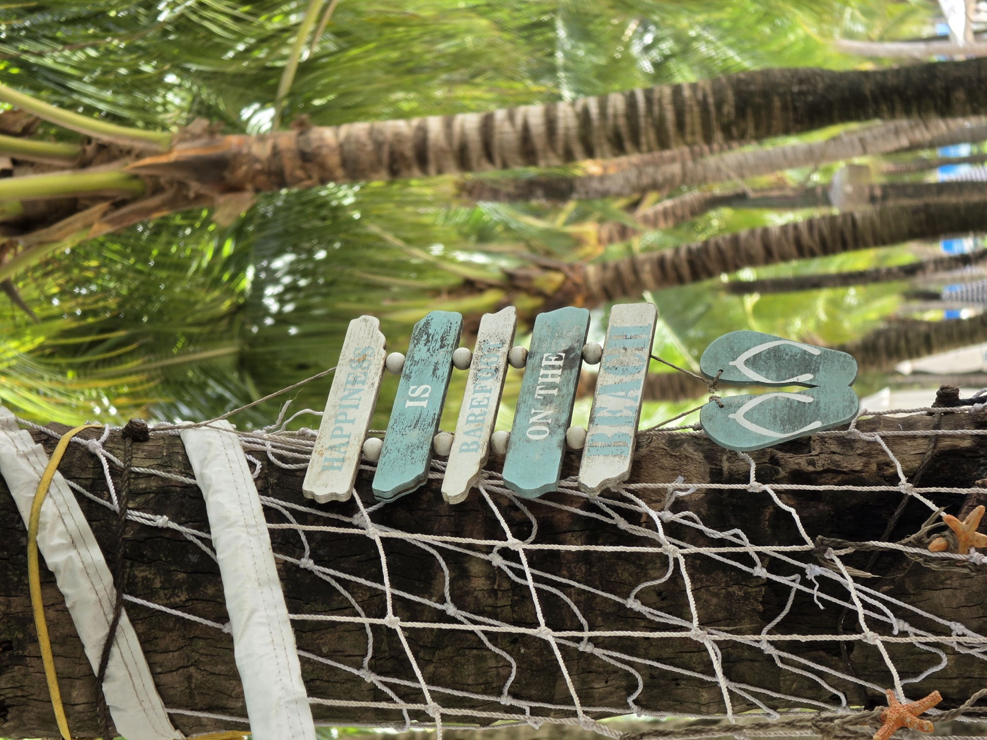 This image depicts a tropical beach scene in Phú Quốc, Vietnam, with a focus on decorative elements attached to a palm tree trunk. The palm tree is wrapped with white fabric and netting, typical of beach decor. Hanging from the tree are several wooden signs with a distressed, weathered finish. The signs are stacked and read "HAPPINESS IS BAREFOOT ON THE BEACH," with some letters obscured or difficult to read due to the distressed texture. Below the signs, a pair of light blue flip-flops, also made of wood, are hanging, reinforcing the beach theme. Two small orange starfish are visible, one partially attached to the netting on the left and another slightly lower down on the right. The background is blurred, showing lush green palm fronds and the trunks of several more palm trees, suggesting a dense tropical environment. The overall impression is one of a relaxed, picturesque beach location.