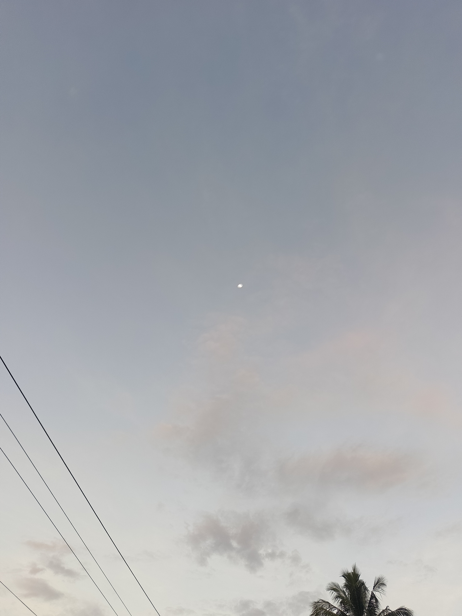 A wide-angle, slightly low-angle shot shows a sky with muted blue and gray tones, suggesting either twilight or overcast conditions. The visible portion of the moon is a small crescent in the upper center of the frame. Wispy clouds are scattered throughout the sky, more concentrated towards the bottom. In the lower right corner, the top of a palm tree is visible. In the lower-left portion of the image, there are three parallel power lines running diagonally from upper right to lower left.
The location is Sumbokrayek, Indonesia, as stated in the prompt. No people are visible, and there is no indication of specific actions or interactions.