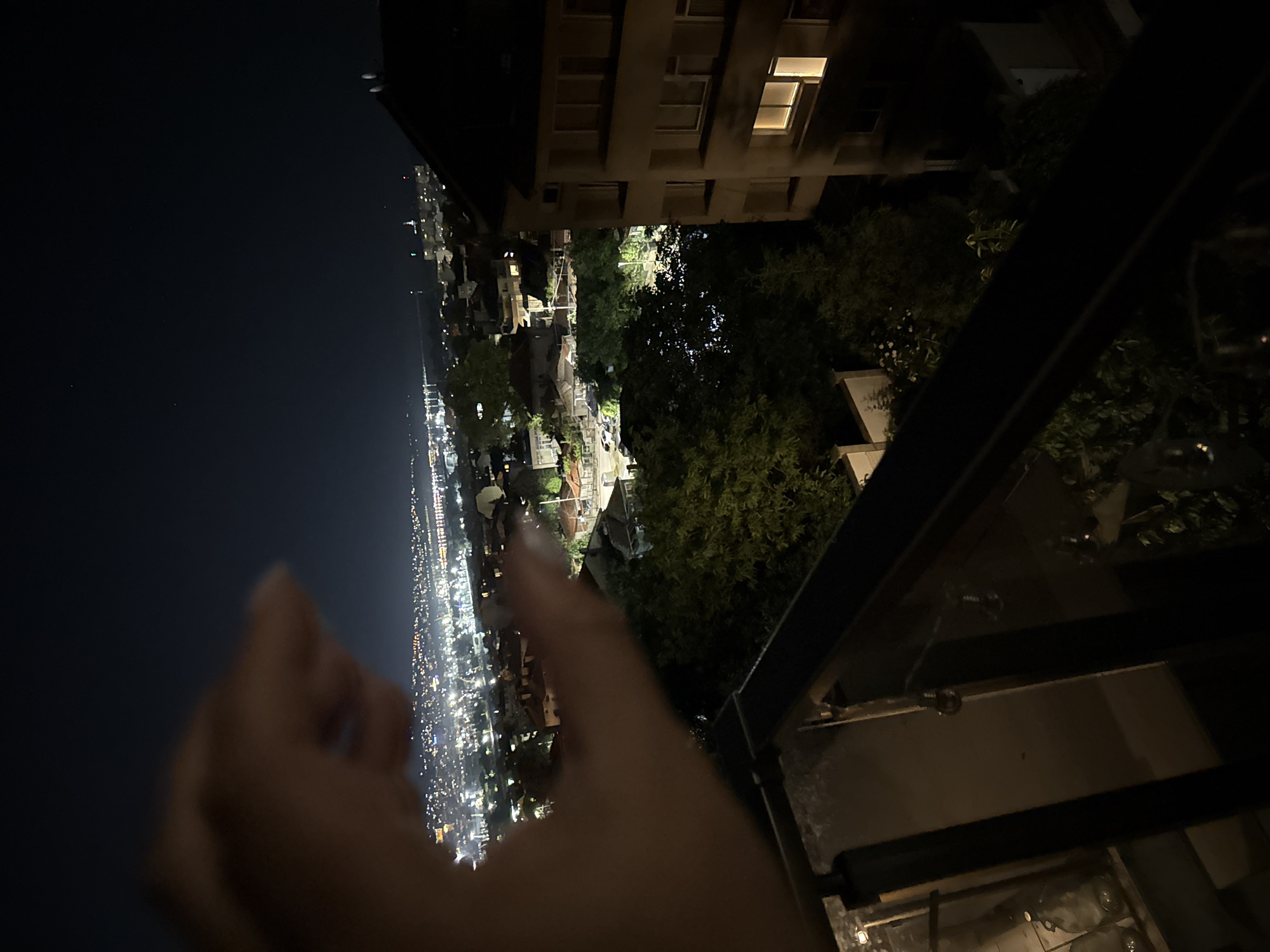 An outdoor, slightly elevated night time photograph captures a blurred human hand in the foreground, obscuring a portion of the scene. The hand is positioned to create a circular opening with the thumb and forefinger. Beyond the hand, a city sprawls across the middle ground and background, illuminated by numerous lights. A body of water, likely a bay or large river, is visible in the distance, reflecting city lights. Buildings of varying heights and architectural styles dot the landscape, interspersed with lush green trees. The night sky is dark, with a few faint stars visible. A multi-story building with illuminated windows occupies the right side of the frame. A dark railing is present in the bottom portion of the image, suggesting the photo was taken from a balcony or similar vantage point.