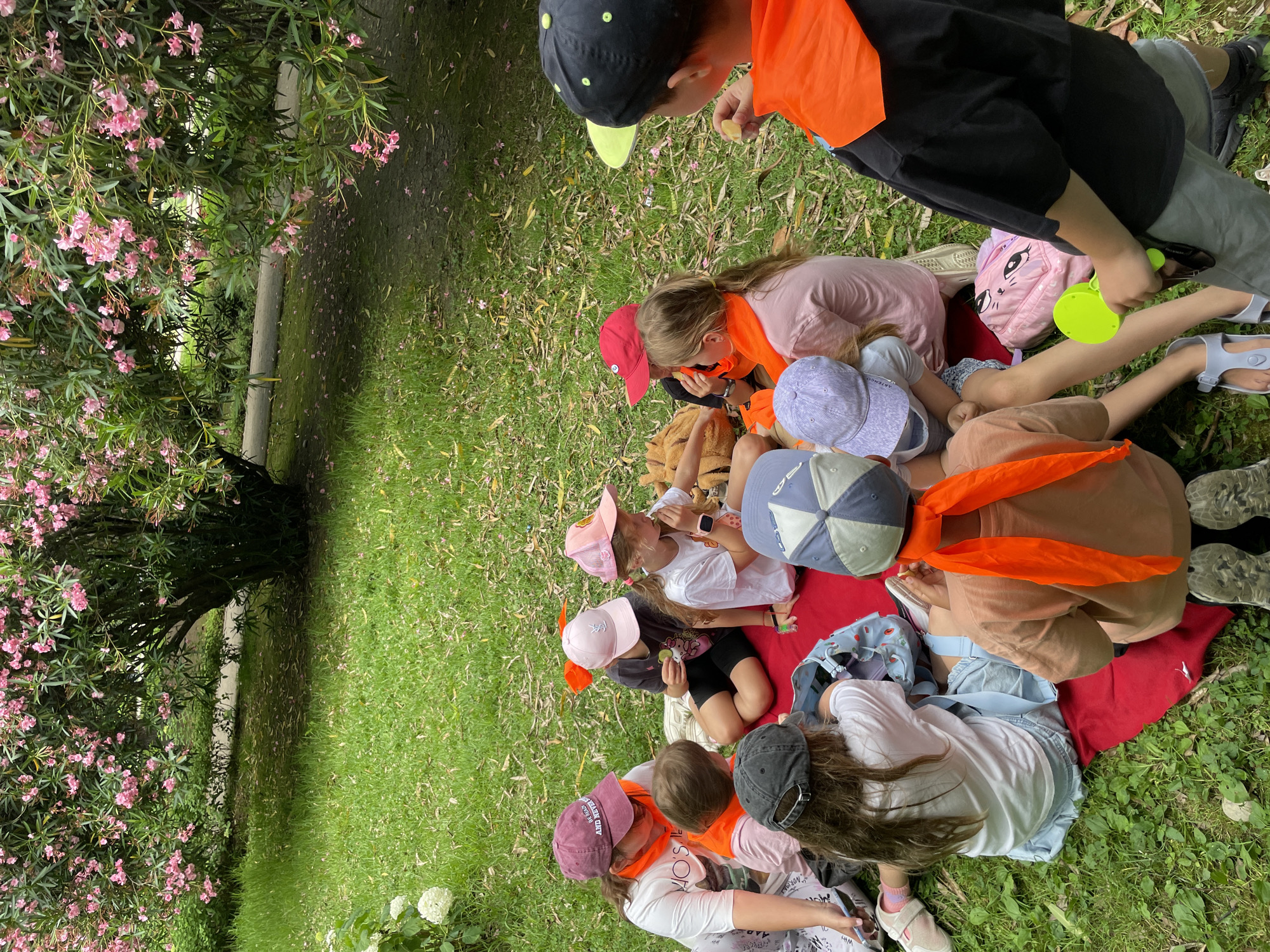 A group of children are gathered on a red blanket spread on the grass, likely for a picnic or outdoor activity. The children are wearing a variety of hats and casual clothing, with several of them sporting bright orange scarves or bandanas around their necks. A few of the children appear to be holding small items and looking downwards, suggesting they might be engaged in a game or examining something. One child is wearing a black baseball cap with a bright green brim and holding a piece of food. Behind the children, lush green grass and blooming pink flowers are visible, hinting at a park or garden setting. The lighting suggests it is daytime, possibly late morning or afternoon. The overall atmosphere appears relaxed and informal. The background also shows a pathway and more foliage, indicating an outdoor location in Sochi, Russia.