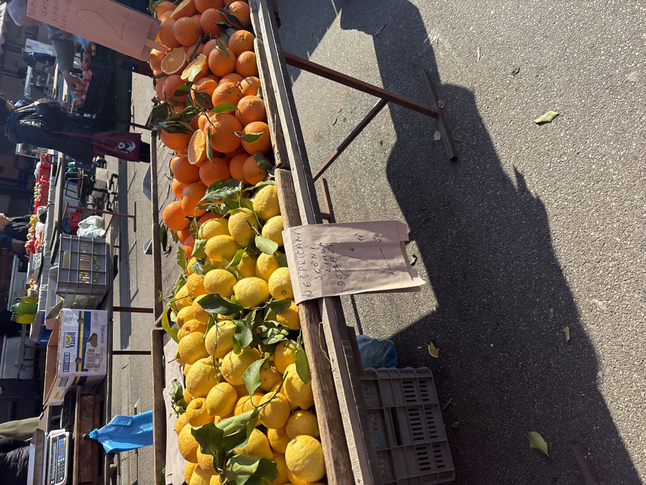 The image depicts an outdoor market scene in the City of Zagreb, Croatia, under bright daylight. In the foreground, a wooden market stall displays fresh produce. On the left side of the stall, a large quantity of yellow lemons is arranged, many retaining green leaves. Adjacent to them on the right, a pile of oranges is visible, some also with attached green leaves, and several are cut open, revealing their internal structure. A handwritten brown paper sign is affixed to the front of the stall, reading "NEŠPRICANI SOČNI LIMUN DOMAĆI" (Unsprayed Juicy Domestic Lemon), with "€ 1^1" and "50" indicating a price. Beneath the stall on the left, a dark grey plastic crate is visible, with a blue plastic bag partially obscured behind it. The ground consists of asphalt pavement, scattered with a few small leaves, and prominent, elongated shadows are cast across it by the stall structure, suggesting strong sunlight. In the midground, behind the primary fruit stall, other market stands are present. One features a silver weighing scale, cardboard boxes (including one labeled "Bonta"), and additional grey plastic crates. Several individuals are visible in the background, including a person in a dark coat walking or standing near a stall on the right, and other patrons or vendors interacting with market displays. A white sign with red text and a large red number '2' is partially visible on a pole in the upper right background.