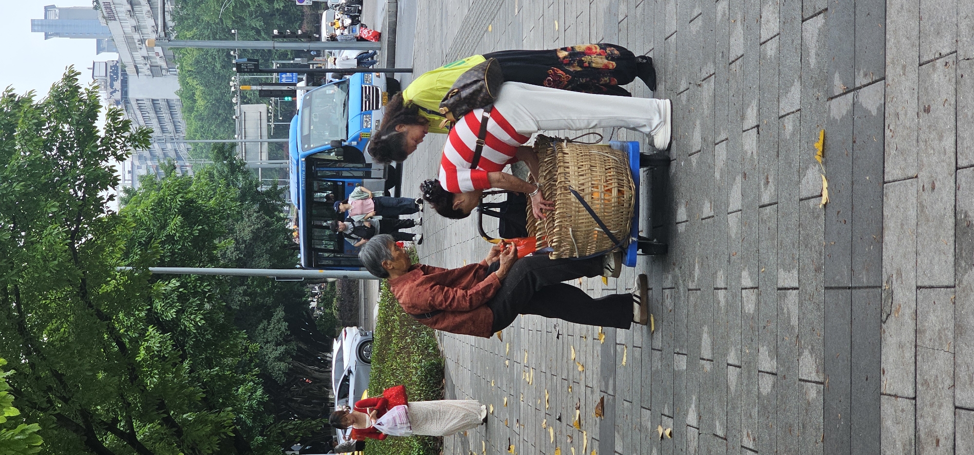 Location: Jiulongpo District, China.
The image shows a street scene. Three women are gathered around a wicker basket placed on a small blue cart on a gray brick-paved sidewalk. One woman wears a red and white striped shirt and white pants and is leaning over the basket. Another woman is behind her wearing a bright yellow shirt and black pants with a floral pattern. A third woman, wearing a reddish-brown shirt and black pants, is seated nearby. A woman in a red shirt is holding a white plastic shopping bag. A blue shuttle bus is visible in the background. Other people can be seen near the bus. Trees line the left side of the sidewalk, and several vehicles are parked on the road next to the sidewalk. There are tall buildings in the background.
