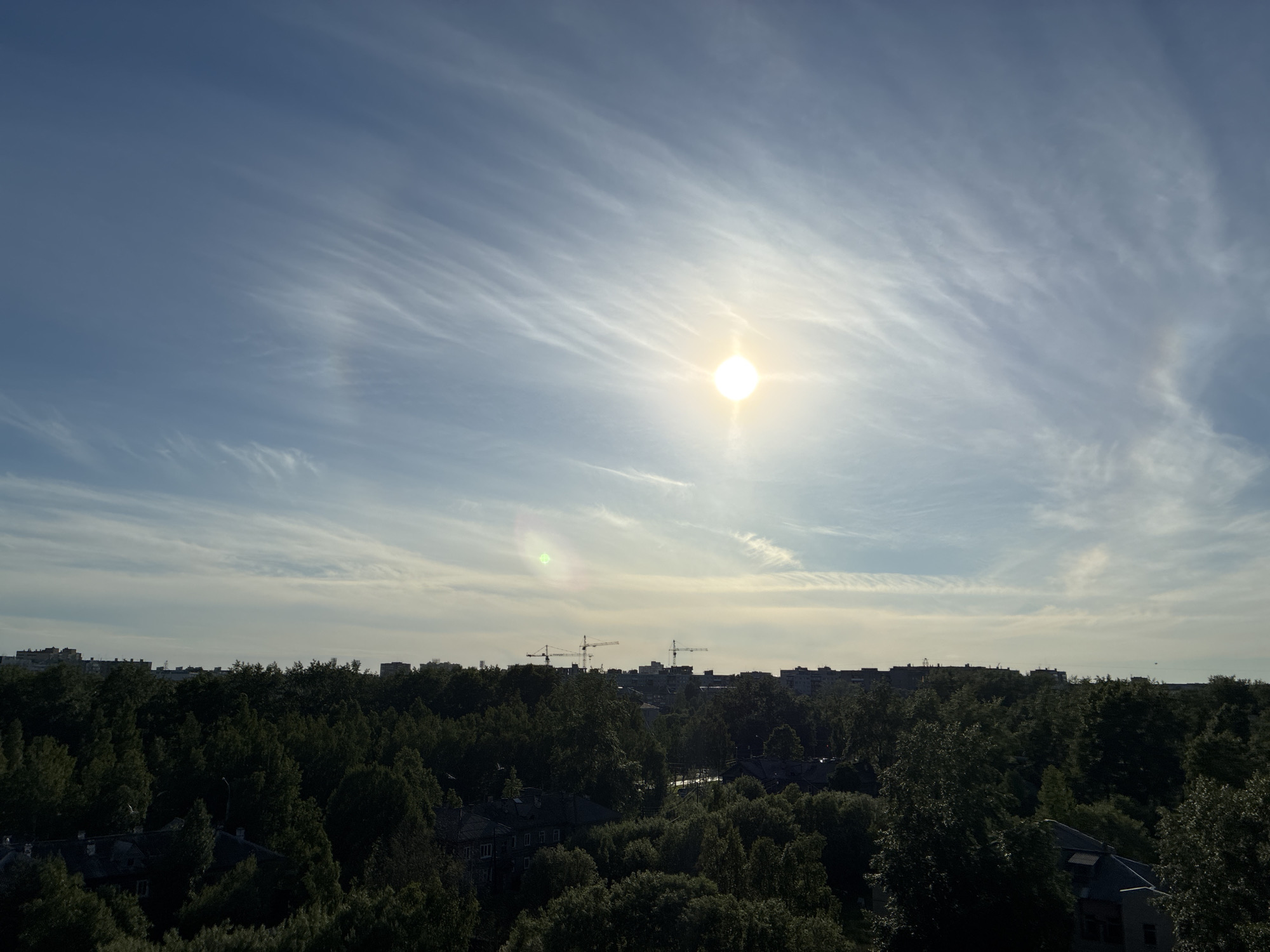 The image depicts an aerial view of a dense forest interspersed with buildings and construction cranes, under a bright, partly cloudy sky. The sun, shining intensely, creates a starburst effect and a slight lens flare with a greenish hue. Wispy, high-altitude clouds stretch across the sky, catching the sunlight and creating a dramatic, streaky pattern. In the distance, a line of apartment buildings forms the city skyline, partially obscured by trees. Several construction cranes are visible above the tree line, indicating ongoing development. The foreground is dominated by the lush green canopy of the forest, with hints of residential rooftops peeking through. The overall impression is one of urban expansion encroaching upon a natural landscape, under a dynamic sky.