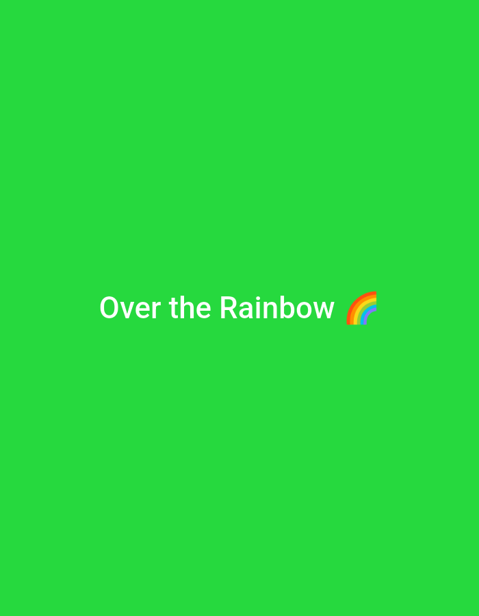 A solid bright green background features the text "Over the Rainbow" in white sans-serif font, centered horizontally and placed towards the bottom of the image. To the right of the text, a small, stylized rainbow emoji is visible. The scene is abstract and does not depict any specific location in a city.
