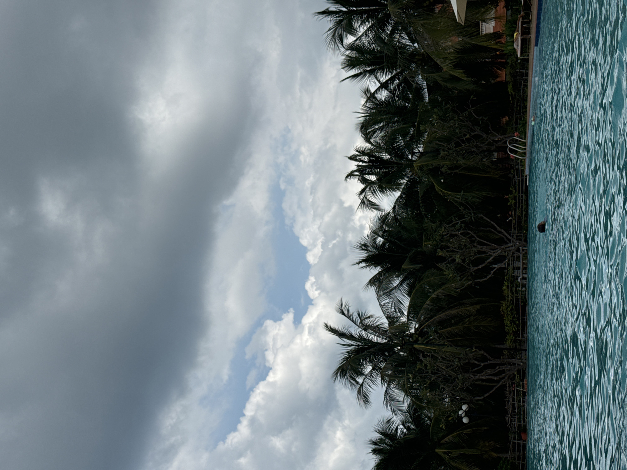 The image depicts a swimming pool area in Phú Thủy, Vietnam, under a cloudy sky. In the foreground, the turquoise water of the swimming pool is visible with ripples on its surface. Two people are in the pool; one is swimming on their back, while the other is partially submerged with their head visible. In the middle ground, a row of palm trees and other tropical foliage forms a dense backdrop. Beyond the trees, a section of a building with red-tiled roofs is partially visible, along with lounge chairs and an umbrella. The sky is filled with a mix of dark, heavy clouds and lighter, more scattered clouds, with patches of blue sky peeking through.