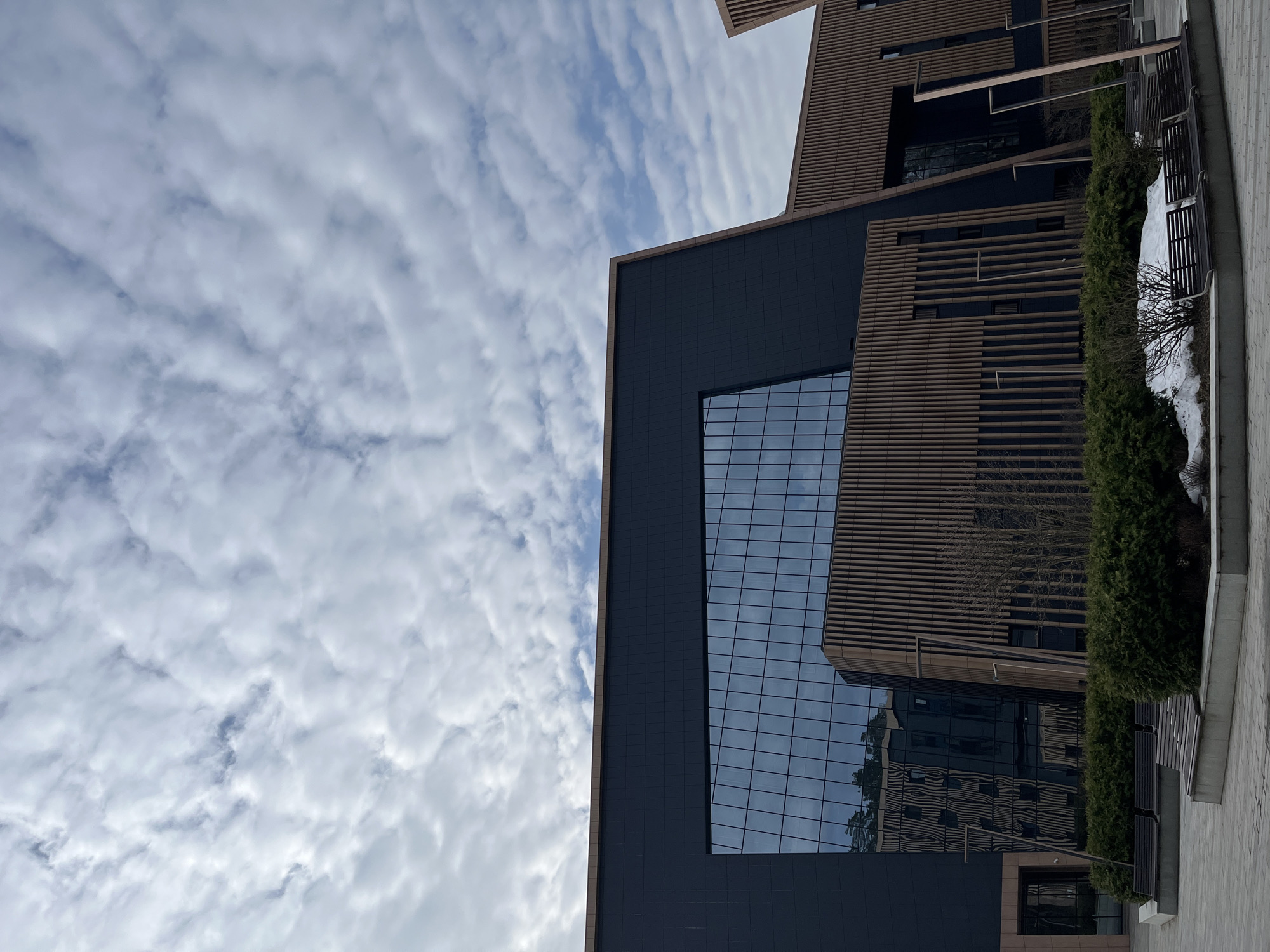 The image shows a building in Zhavoronki, Russia. The building features a modern architectural design with a dark facade, large glass windows, and horizontal wooden slats. The sky is filled with white, puffy clouds. A green hedge grows along the base of the building, next to a walkway made of light-colored paving stones. Patches of snow are visible near the hedge.