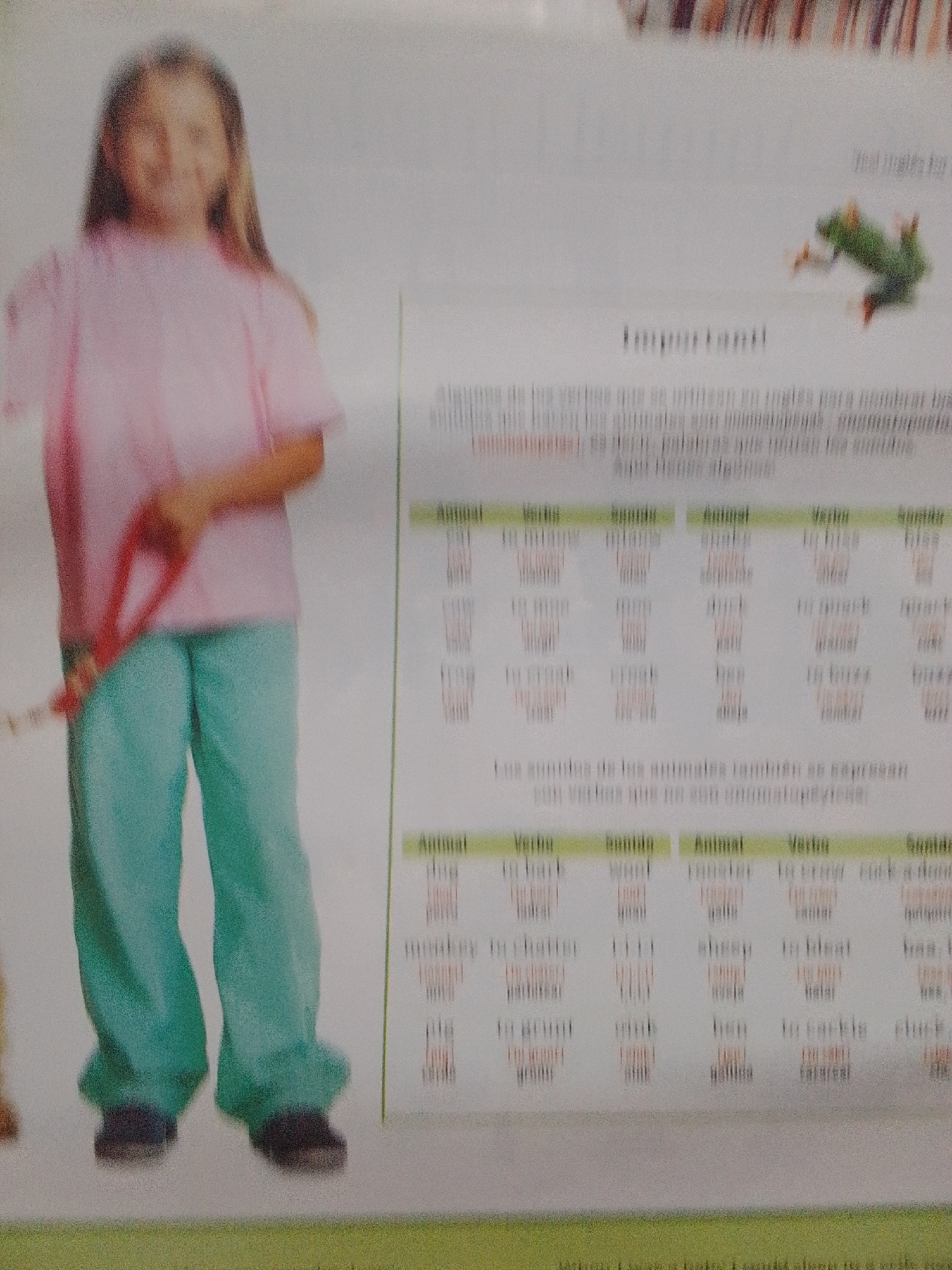 The image shows a page from what appears to be a children's educational book. On the left, a young girl in a pink t-shirt and teal pants is standing, holding a red object that looks like a jump rope. Her face is slightly blurred. To the right of the girl, there is a section of text and a table with columns labeled "Animal," "Verbo," and "Sonido." This table lists various animals and their corresponding sounds in English. Further to the right, a green frog is depicted. The page also includes some Spanish text at the top and bottom, discussing animal sounds and verbs. The overall environment suggests an indoor setting, possibly a classroom or a home, with the focus being on educational content. There is no information in the image that indicates the location is La Tagua, Venezuela.