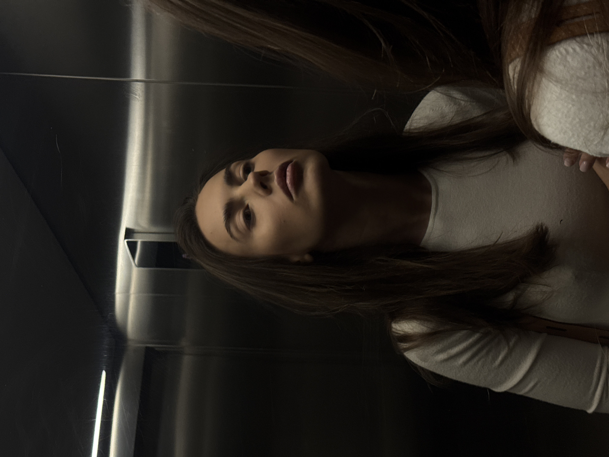 A woman is reflected in the polished interior of an elevator, location Unknown, Unknown. She has brown hair and wears a white long-sleeved shirt. The elevator walls are metallic and reflect light.