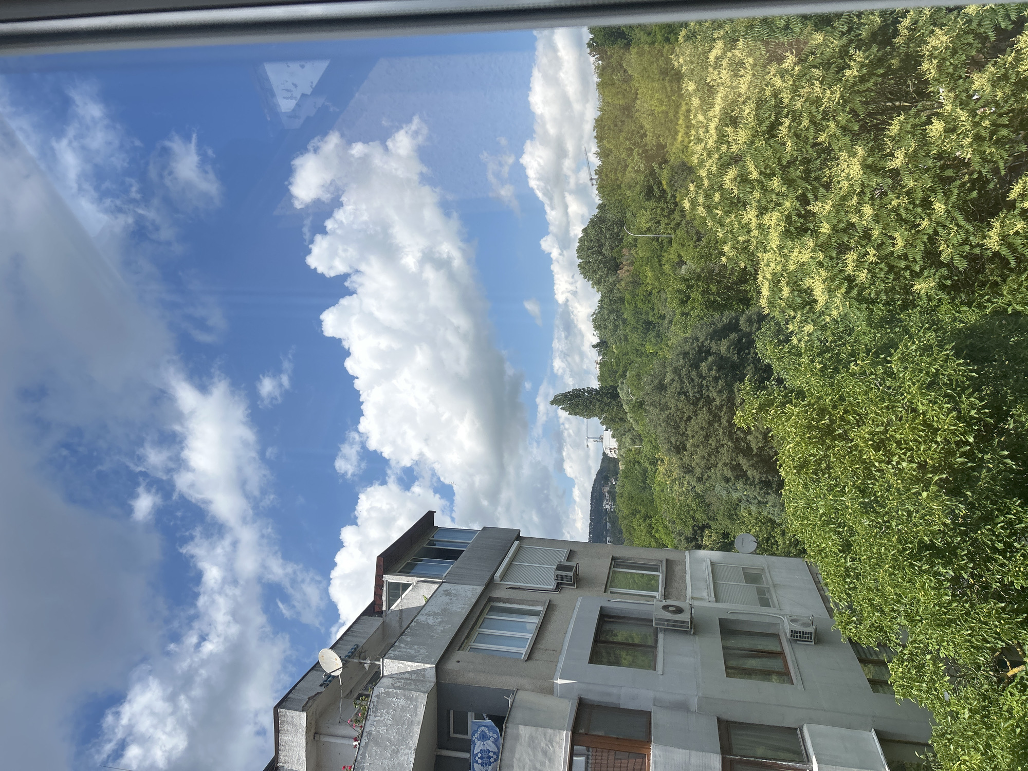 An apartment building in Varna, Bulgaria, is captured from a window, with a lush green canopy of trees and a bright blue sky with scattered white clouds filling the scene. The building, constructed of grey concrete, features multiple windows, balconies, and air conditioning units. A satellite dish is visible on one of the balconies. The trees are dense and verdant, with some displaying clusters of pale yellow flowers. In the distance, a construction crane can be seen above the tree line. The image is taken during the daytime, with natural light illuminating the scene.