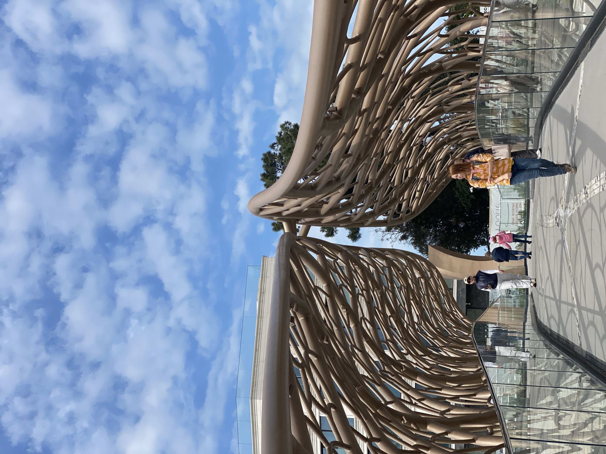 A bright, sunny outdoor scene in Sochi, Russia, showcases a distinctive architectural structure forming a semi-enclosed walkway. The dominant feature is a large, organic-looking canopy made of interwoven, light brown, tubular elements that resemble a network of tree branches or reeds. This intricate design casts interesting shadows on the paved ground below.
Several people are present, enjoying the public space. In the midground, a woman with reddish-blonde hair, wearing a yellow patterned shirt and blue jeans, walks along the path, looking towards her right. Further down the curved walkway, a man in a dark jacket, white pants, and a light-colored cap walks in the opposite direction, looking towards his left. Two additional people, one in a pink hat and another in a dark jacket, are visible in the background.
The walkway is bordered by a curved glass railing, through which reflections of the architecture and parts of the surrounding environment are visible. Beyond the railing, a modern building with large windows can be seen. Trees are also visible in the background, peeking out from behind the architectural canopy. The sky above is a clear blue with scattered white, fluffy clouds, indicating good weather.
On a sign or banner positioned behind the glass railing, partially obscured, the Cyrillic word "ЛООНИА" (LOONIA) is discernible, with additional, less legible Cyrillic text below it that appears to mention a "First Hypermarket of Carpets and Textiles." The overall impression is one of a leisurely day at a unique, modern public attraction.