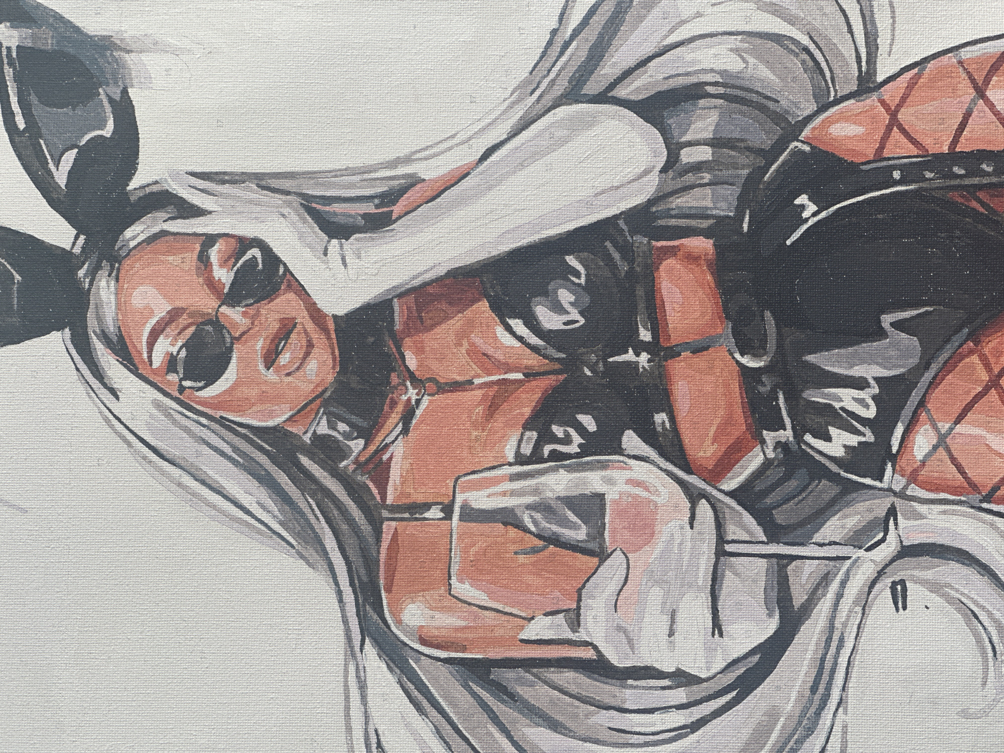 The image depicts a painted or drawn image of a woman wearing bunny ears, sunglasses, and a dark outfit. She is reclining or lying down, holding a stemmed glass with a dark liquid inside. She appears to be wearing a dark outfit with accents of dark fabric and netting. The environment appears to be a white canvas. The woman has pale, almost gray hair. The exact location in the city of Высокий, Russia, is not visible or identifiable from the image.