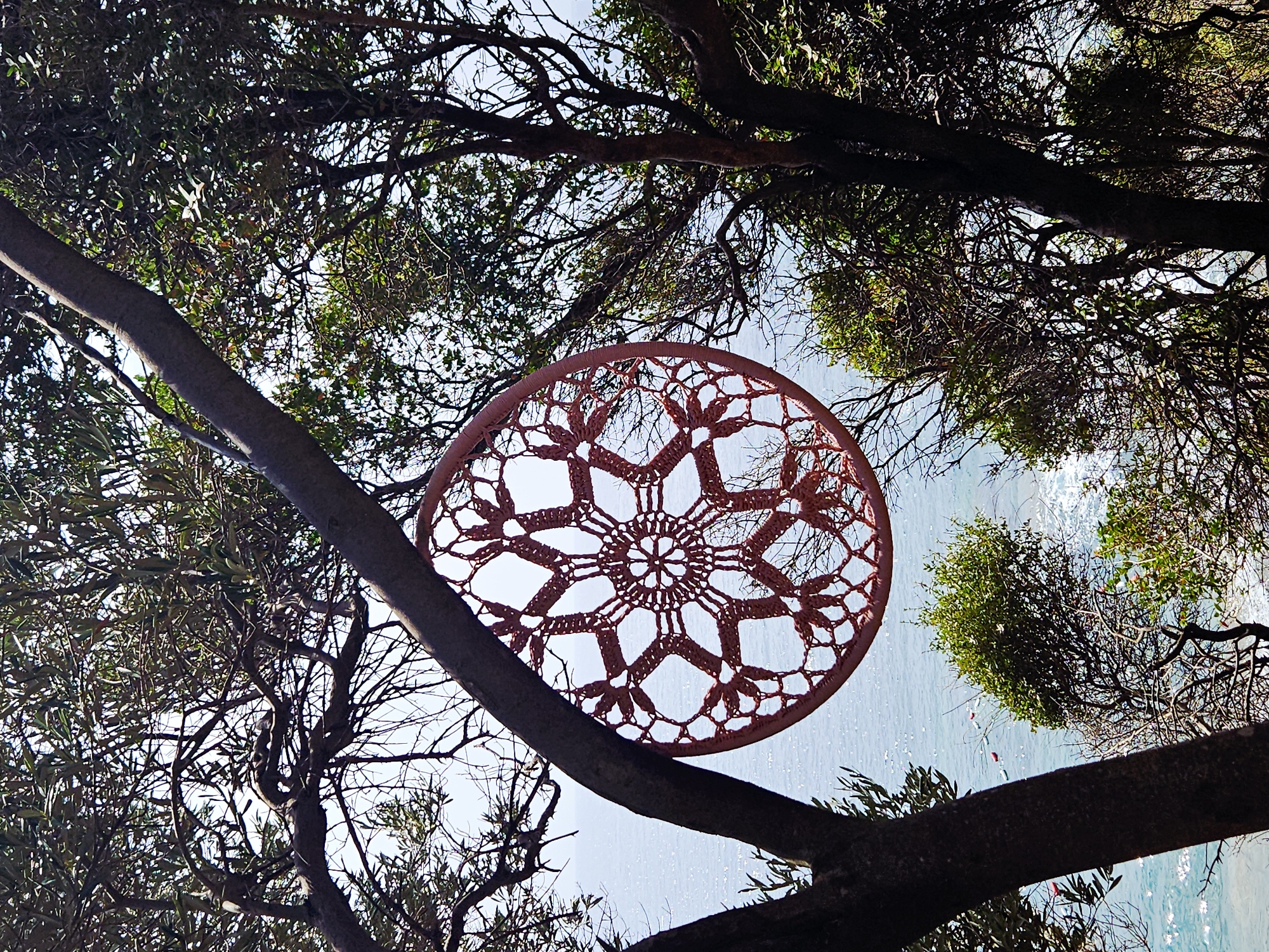 A crocheted dream catcher hangs from a tree branch overlooking a sparkling blue ocean. The dream catcher is circular with intricate lacy patterns in a soft pink color. Sunlight glints off the water, creating a shimmering effect. The surrounding trees are lush and green, with their branches reaching towards the sky. The scene evokes a sense of peace and tranquility.