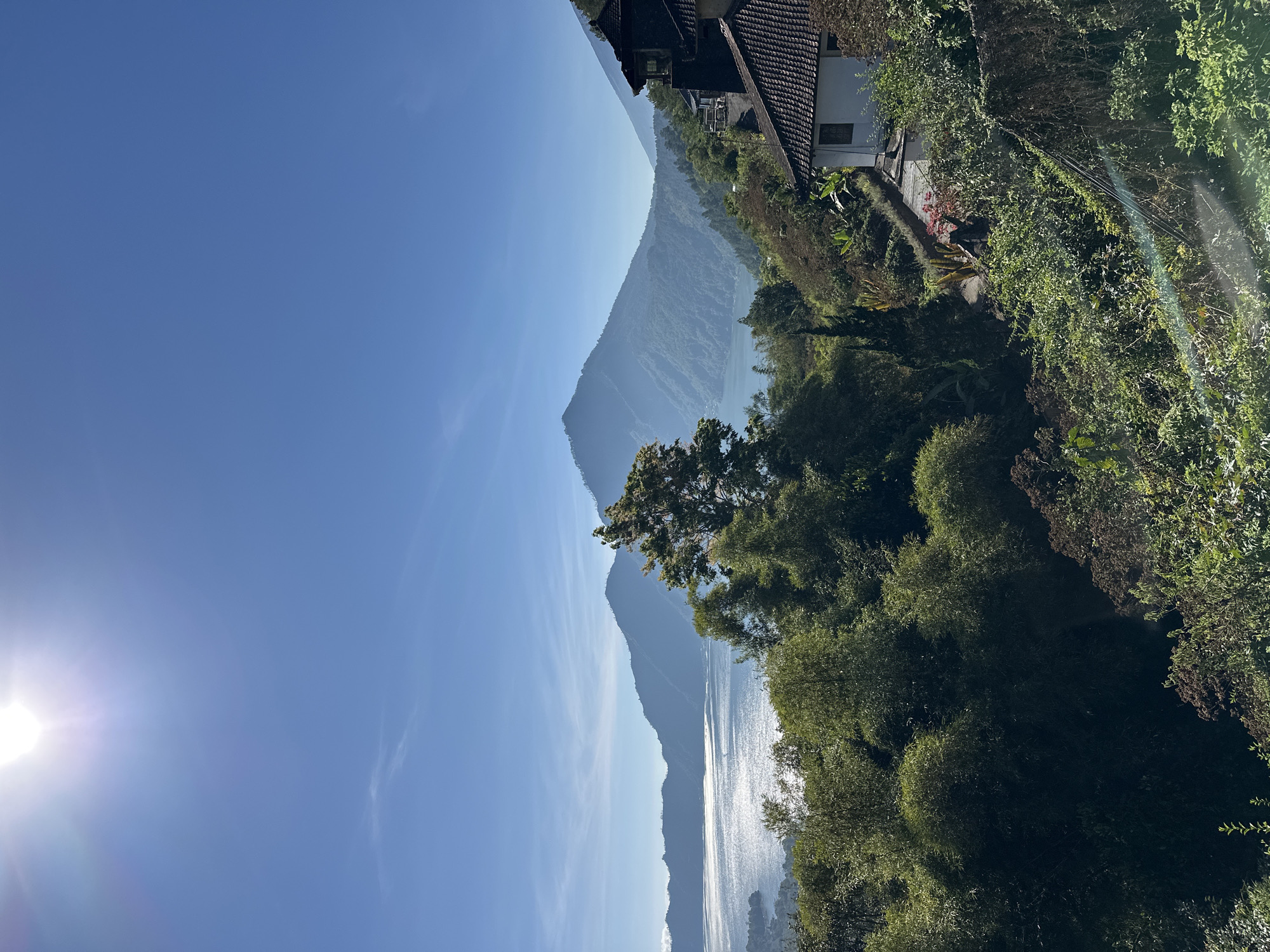 The image depicts a panoramic view of a serene landscape, likely captured in Kintamani, Indonesia, overlooking a vast lake and surrounding mountains under a clear blue sky. The sun, high in the sky and partially obscured by a lens flare, casts a bright, shimmering reflection on the surface of the tranquil lake. Rolling hills and lush green vegetation dominate the foreground and midground, with a dense canopy of trees creating a natural border.
In the midground, a prominent tree stands tall amidst the foliage. To the right of the frame, a portion of a rustic dwelling is visible, characterized by its tiled roof and white walls, hinting at human habitation integrated with the natural surroundings. The background features a series of majestic, mist-shrouded mountains that recede into the distance, creating a sense of depth and vastness.
The overall atmosphere is one of peace and natural beauty, showcasing a typical vista of the Kintamani region, known for its volcanic landscapes and scenic caldera lake. No people are visible in the image. The lighting suggests a bright, sunny day.