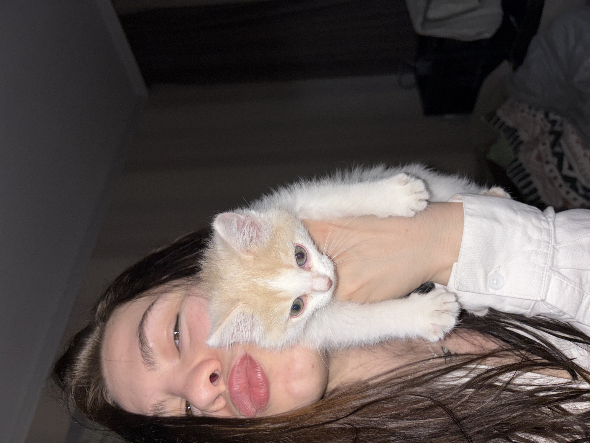 This close-up image, captured in Perm, Russia, shows a person lying down with a small kitten resting on their upper chest and neck. The image is rotated 90 degrees counter-clockwise. The person has long dark hair and is wearing a white collared shirt; their face, featuring full lips and one visible eye, is prominent in the foreground. The kitten, mostly white with light cream-colored markings on its head and distinctive light green-grey eyes, is positioned facing slightly away from the person's face, looking towards the viewer or just beyond. Its front paws are resting near the person's neck. The background is dark and blurred, suggesting an indoor setting under low light conditions, possibly during the evening or night, with a hint of patterned fabric visible on the right side. The overall scene conveys a sense of tenderness and affection between the person and the kitten, both appearing calm and relaxed. There is no visible text in the image.