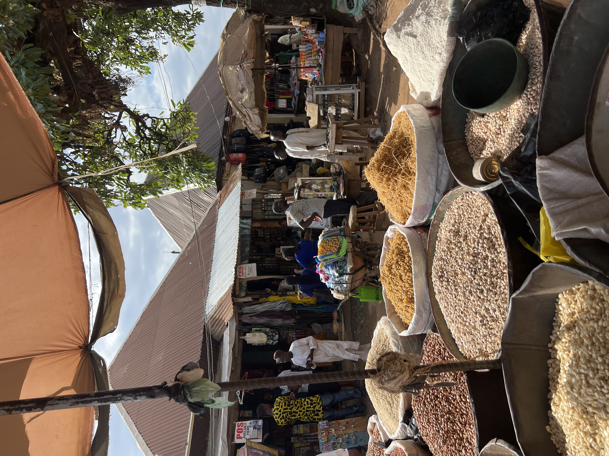 The image shows a bustling market scene in Abuja, Nigeria. Various grains and legumes are displayed in large metal containers and bags at the foreground. Several people are visible, including customers and vendors. A mix of clothing styles is apparent. The market structures appear semi-permanent, made of corrugated metal and covered stalls. A large umbrella provides shade. Trees are seen above the market stalls, against a backdrop of a cloudy sky. A POS sign is visible.