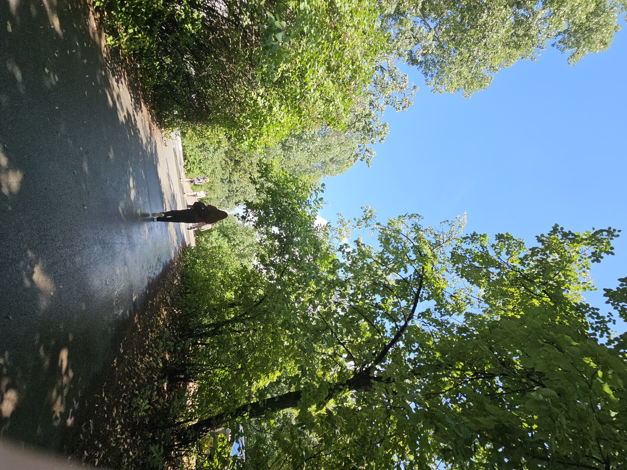 The image shows a paved path through a park in Ulyanovsk, Russia, on a sunny day. Lush green trees and bushes line the path, creating a canopy overhead. A few people are walking on the path, with one person in the foreground wearing a long brown coat and dark pants. The sky is a clear blue. The path is wet and reflects the sunlight, suggesting it may have recently rained or been watered.