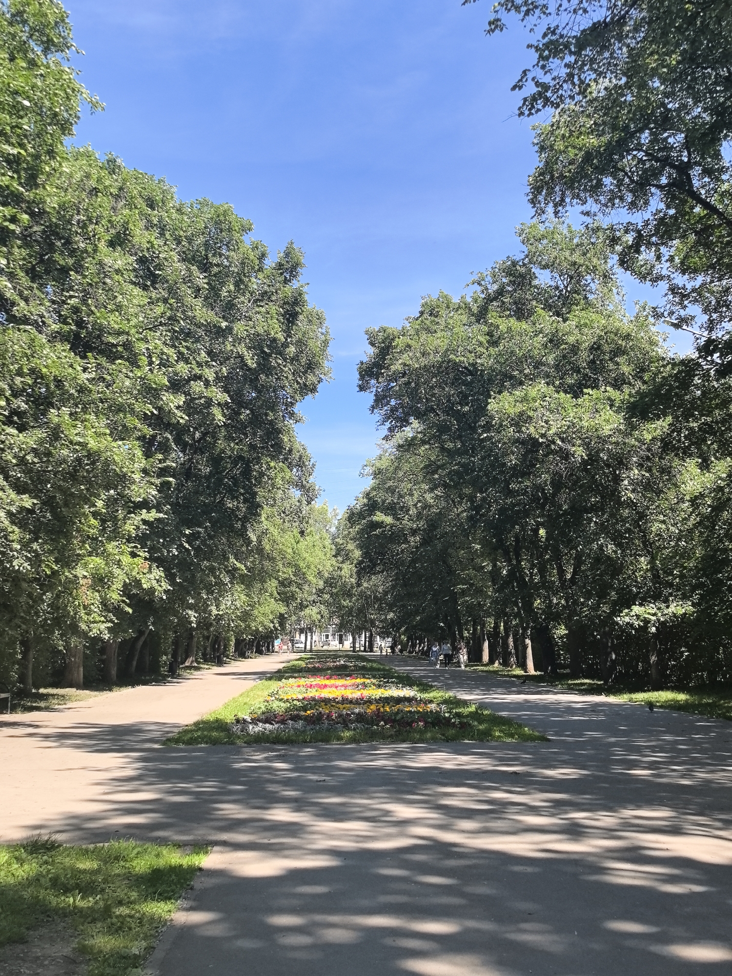 The image depicts a park pathway in Perm, Russia, likely within the Botanical Garden. The scene is characterized by a clear blue sky and lush green trees lining both sides of a paved pathway. In the foreground, the pathway splits, with one section curving to the left and another leading straight ahead. A well-maintained flowerbed with vibrant red, yellow, and pink blooms is situated between these pathways. Several people can be seen walking along the pathways in the middle ground and background. The trees cast dappled shadows across the path, indicating it is a sunny day. The overall atmosphere is one of tranquility and natural beauty.