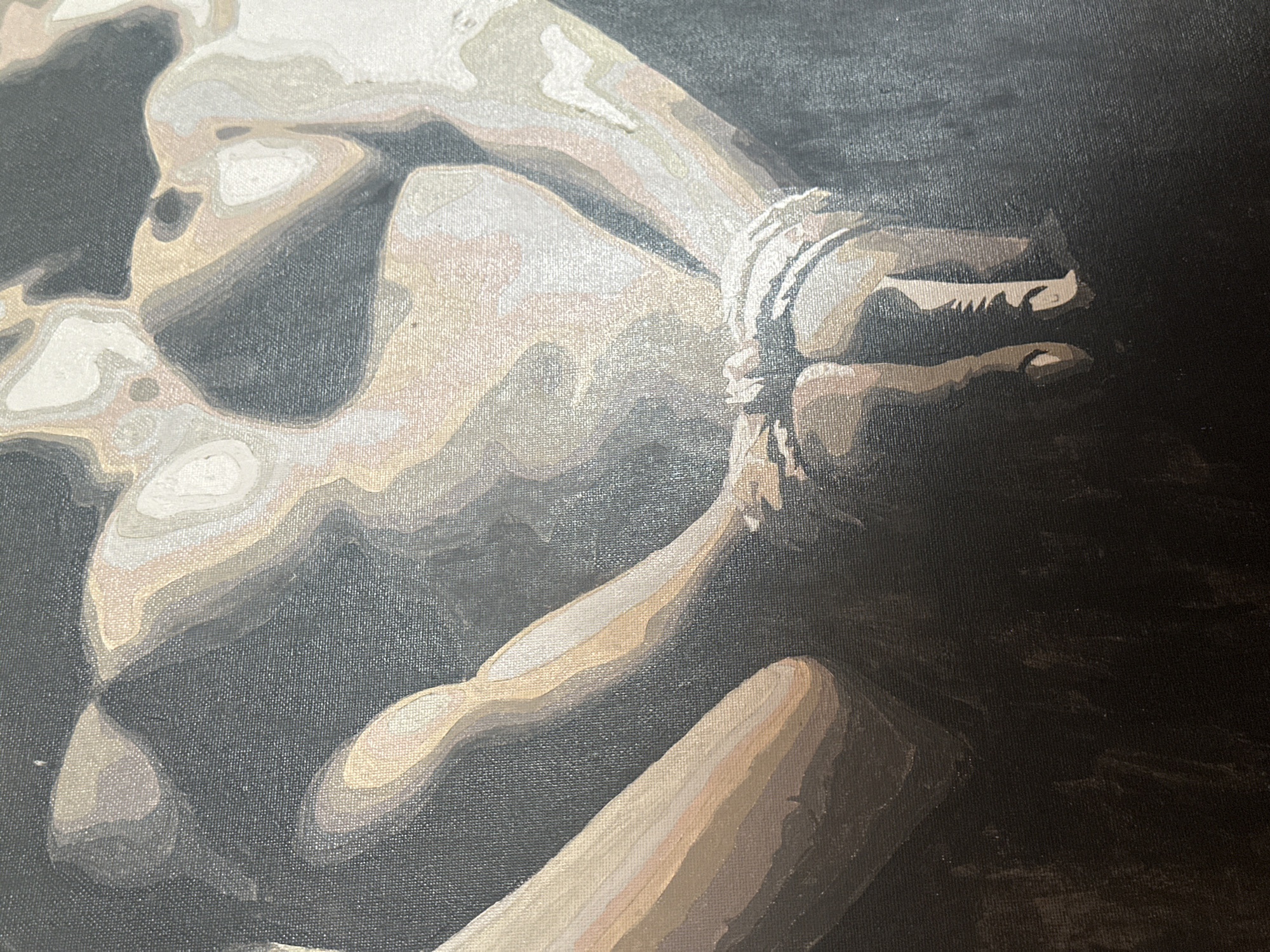 A close-up painting depicting a person with their hands bound. The background is dark. The subject's body is rendered in shades of gray and tan. The rope appears to be coarse and twisted. No specific location is discernible from the image.